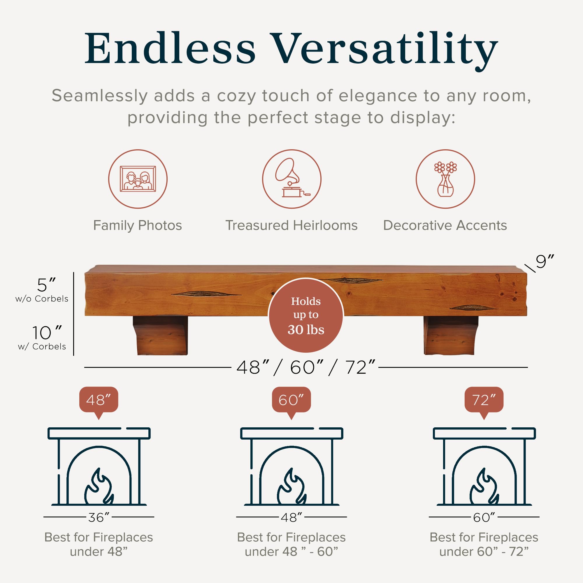 MANTELSDIRECT Breckenridge 60” Fireplace Mantel Shelf with Corbels – Rustic Floating Mantel Shelf for Over Fireplace – Chestnut - Wood Shelf for Wall – Pine Box Construction