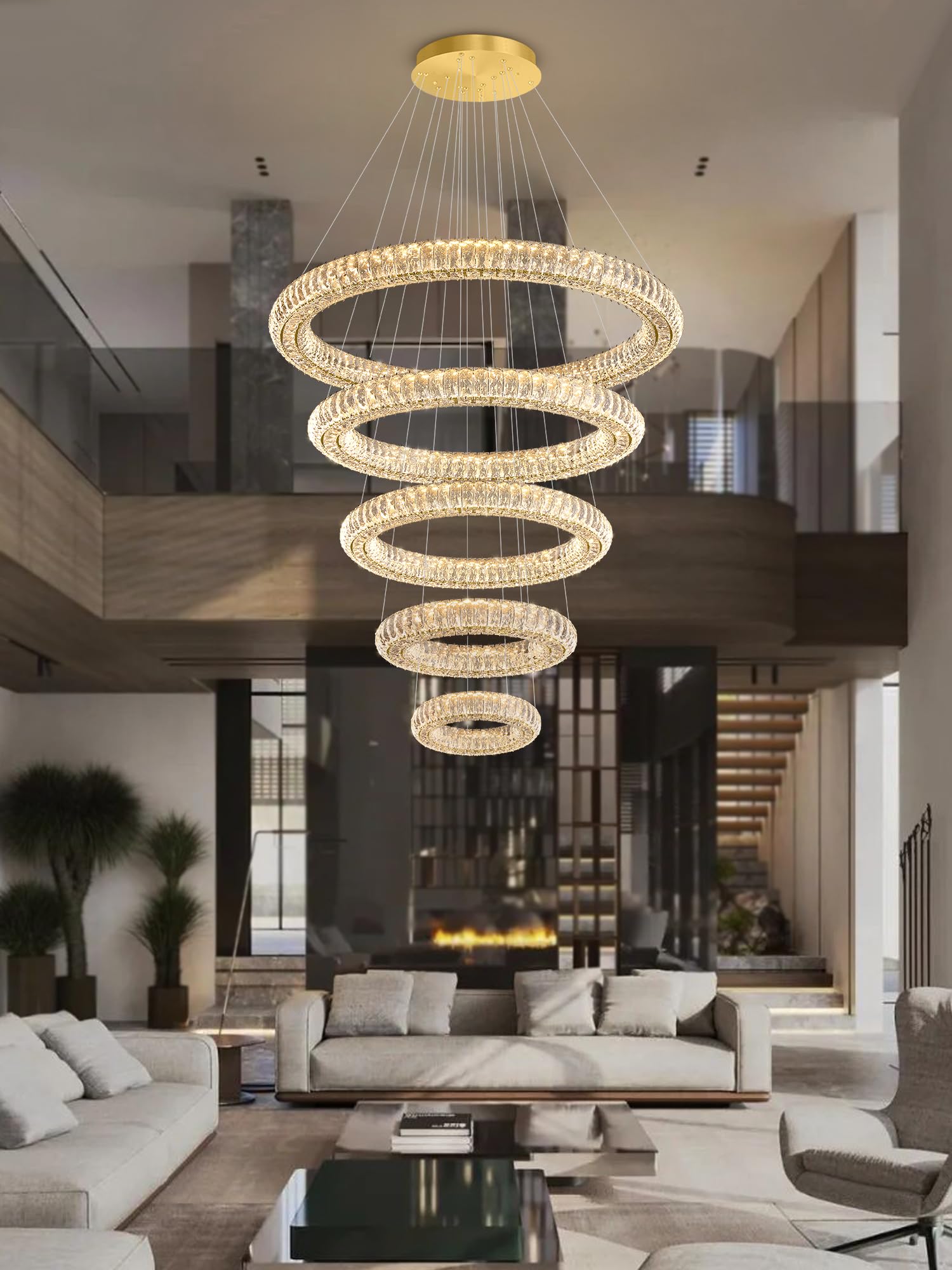 IDEQUY Large Gold Ring Chandelier for High Ceiling Modern Long Crystal Chandelier Lighting, Dimmable LED Ceiling Chandeliers,5 Ring D8‘’+15.7‘’+23.6‘’+31.5‘’+39.4''