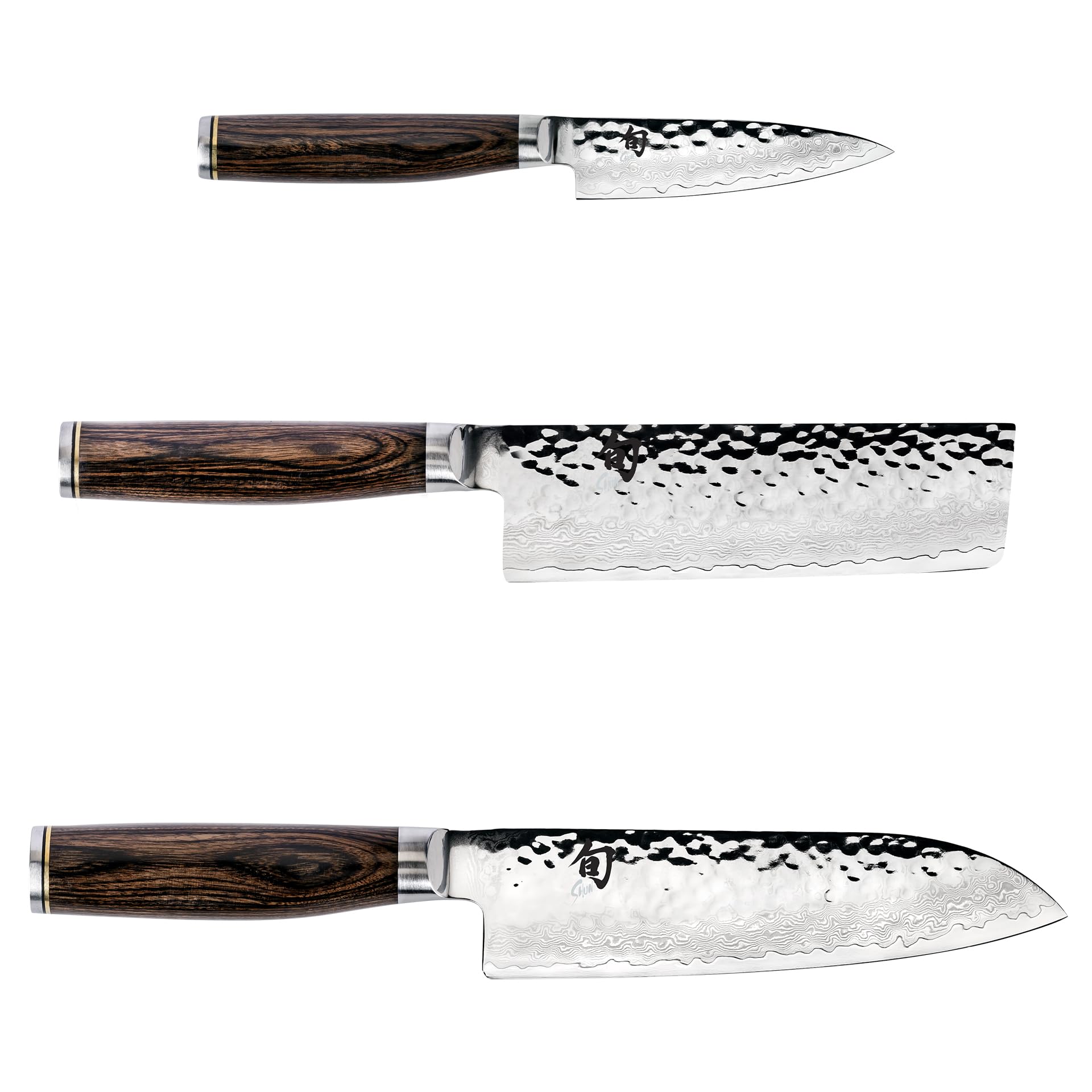 Shun Premier 3 Piece Japan Starter Set, Includes 7" Santoku, 4" Paring & 5.5" Nakiri Knives, Handcrafted Japanese Knife Set, VG-MAX Core with Damascus Stainless Steel Cladding, Pakkawood Handle