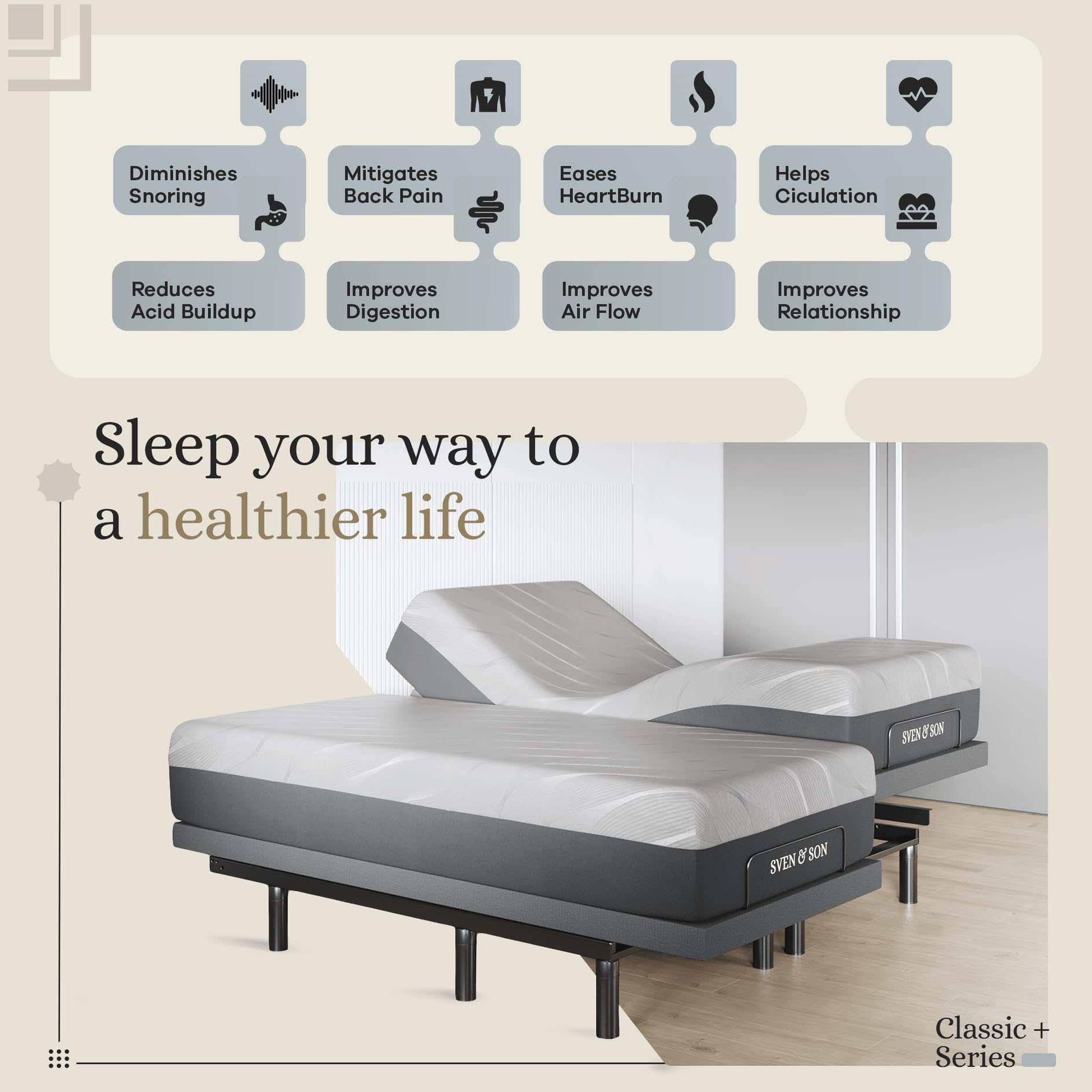 Sven & Son Harmony Adjustable Bed Base, Head and Foot Lift, Massage, Under-Bed Lights, USB, Gel Memory, Zero Gravity Smart Frame - Split King + 12 inch Memory Foam Matt (Medium)