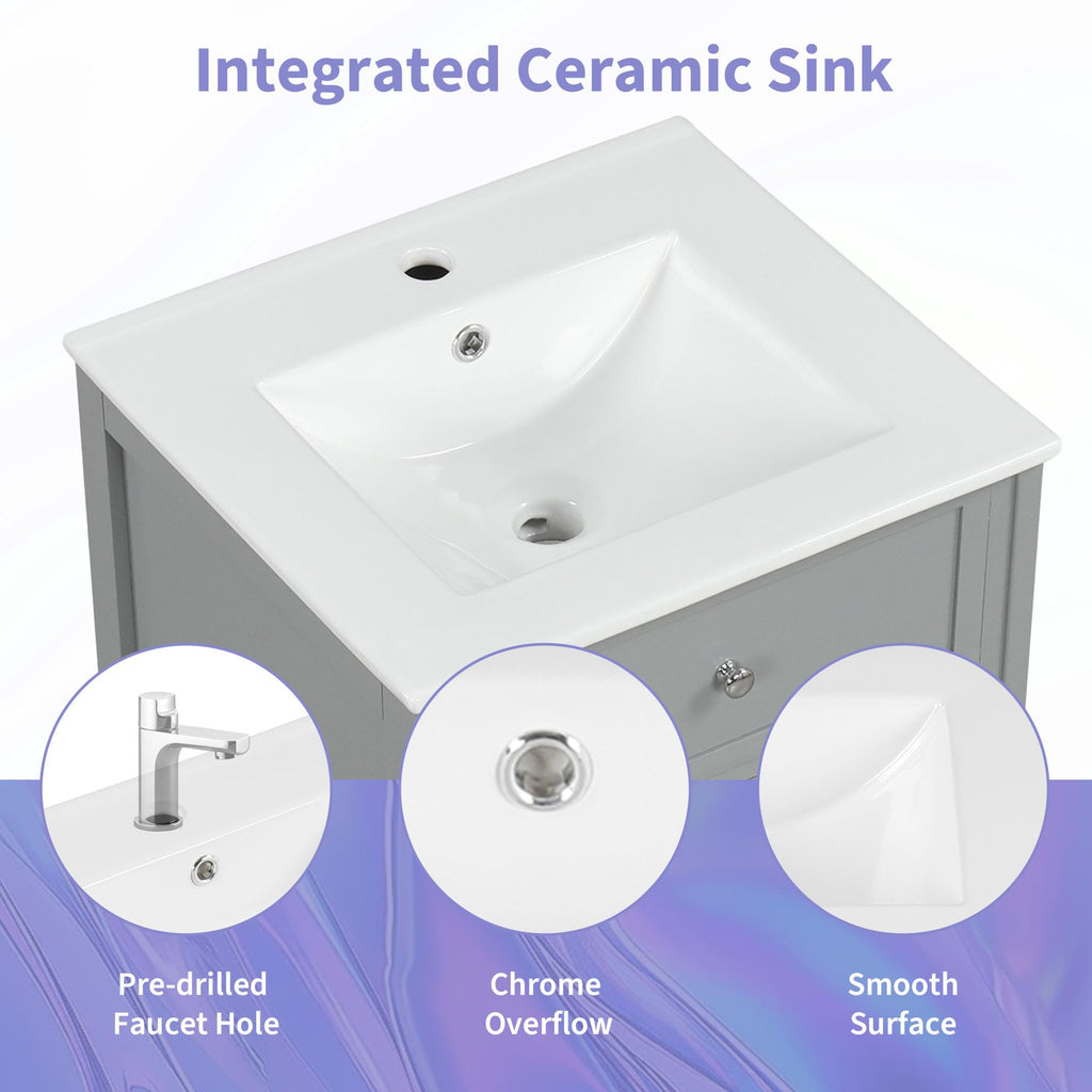 Favfurish 20" Bathroom Vanity with Ceramic Sink, Undermount Single Basin Bath Vanity Set w/Soft-Close Door and Storage Rack & Adjustable Shelf, Modern Freestanding Cabinet for Small Space, Grey
