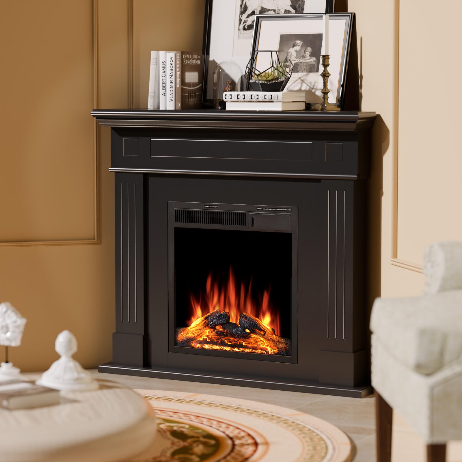 43.31 Inch Corner Fireplace TV Stand with Mantel - Electric Fireplace Heater, Wooden Entertainment Center, Adjustable LED Flame, Freestanding (750W/1500W),Corner Black