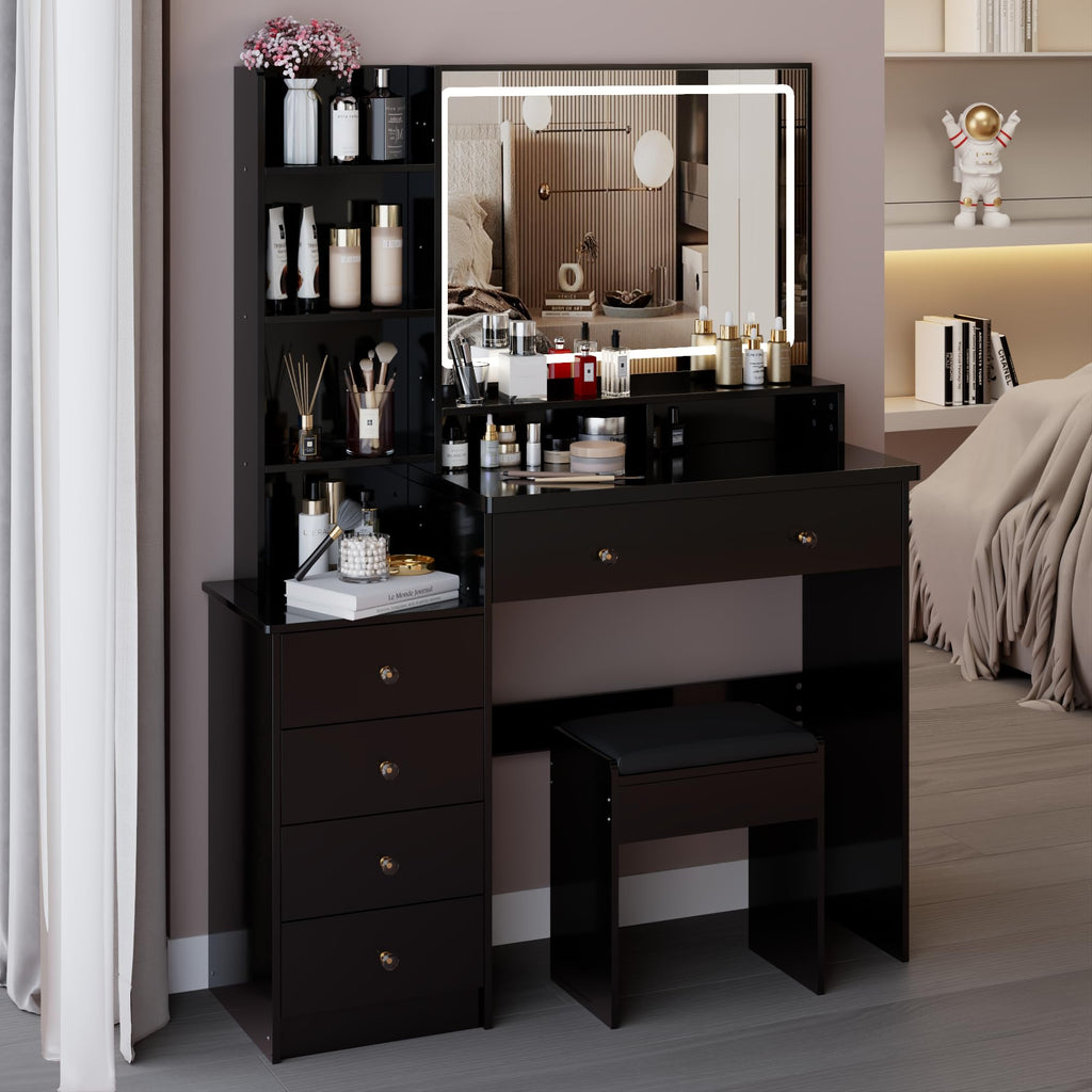 KEIKI Extra-Wide Vanity Desk with Mirror, LED Lights,3 Lighting Colors，Touch-Control,Adjustable Brightness,Cushioned Stool,41'' Makeup Vanity Table Set with 5 Storage Drawers and Shelves,Black