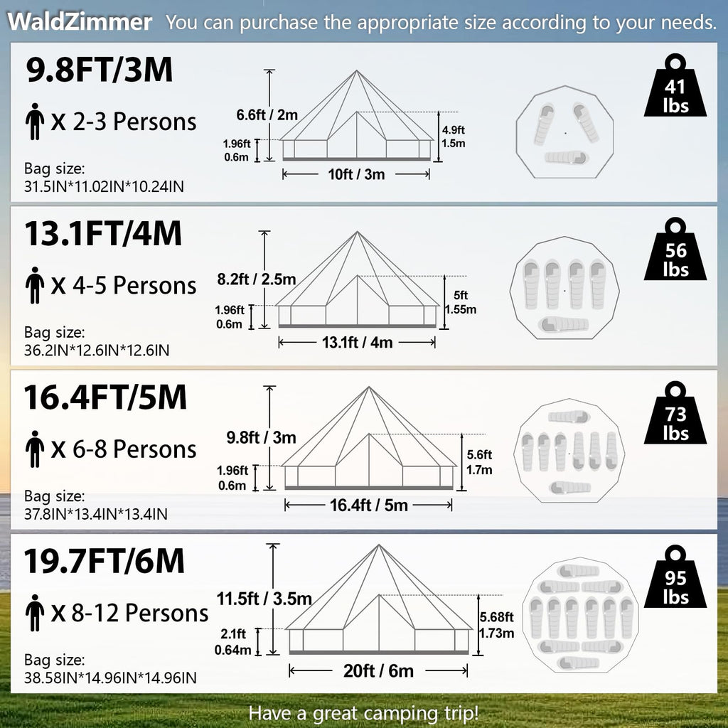 WaldZimmer Canvas Bell Tent 16.4ft Green with Stove Jack and Zipped Removable Floor, Luxury Outdoor Glamping Yurt Cotton Tent for Family Truck Car Camping Hunting Party