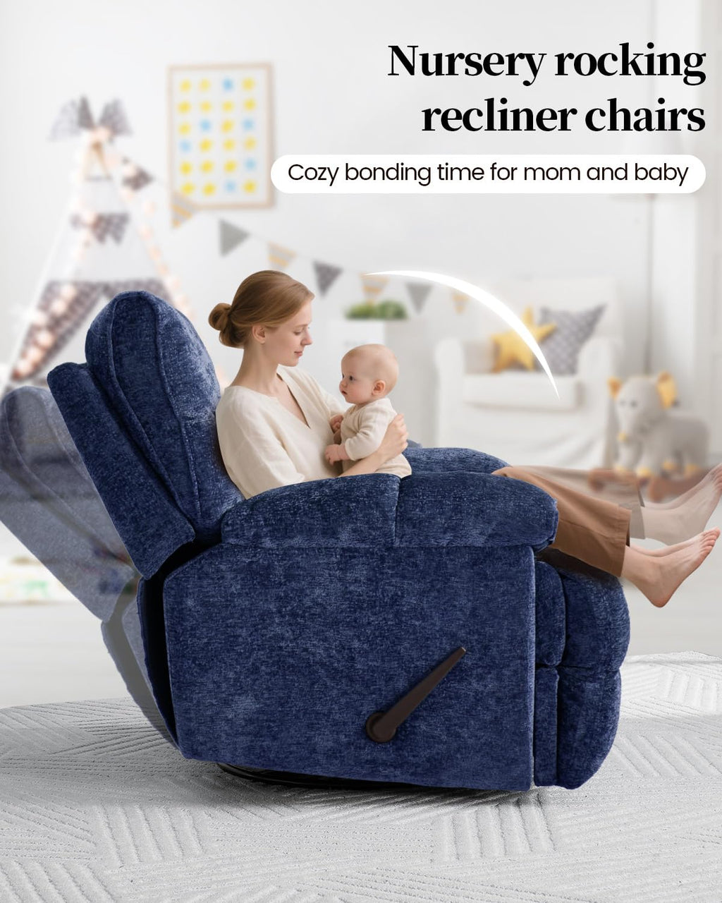 GARTMILAN Oversized Manual Recliner Chair with 360° Swivel, Big and Tall Rocker Glider for Nursery Living Room, Chenille Overstuffed Reclining Sofa with Handle, 375lbs (Blue, Manual)