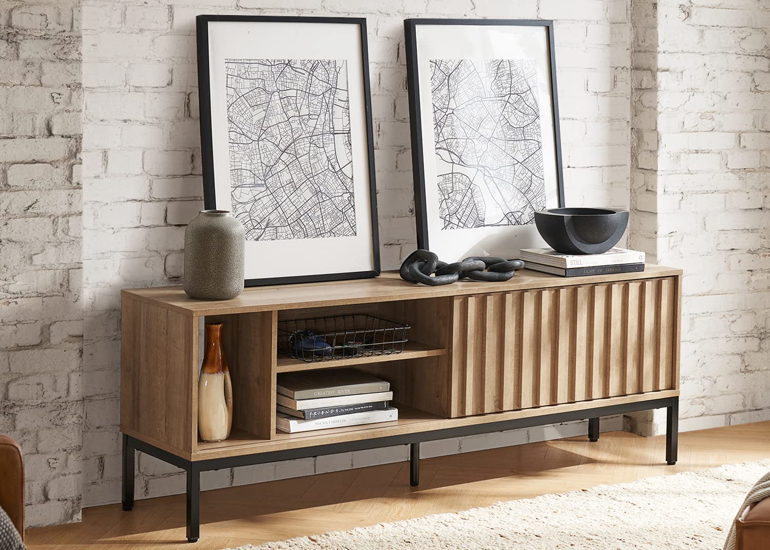 mopio Norwin TV Stand, Rustic Modern Industrial Television Stand for 60/65/70 inch TV, Fluted Entertainment Center with Storage, Wood Media Console Credenza Cabinet Table (Oak 64" TV Stand)
