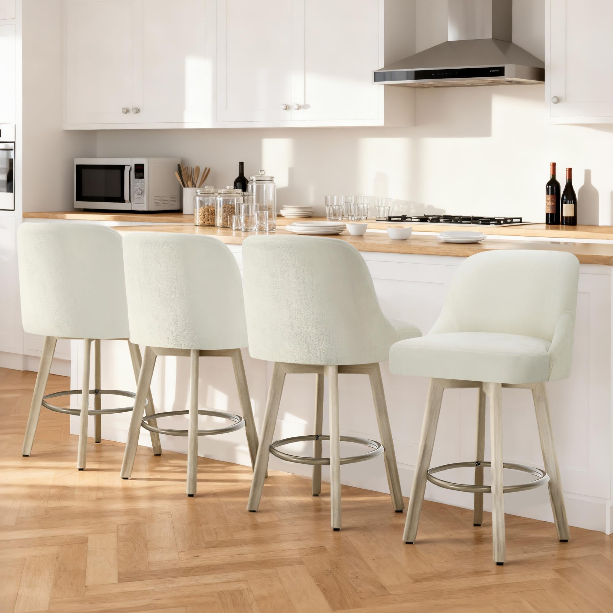 Counter Height Bar Stools Set of 2, Modern Swivel Barstools with Back and Wood Legs, Fabric Upholstered Bar Chairs, 26" Seat Height Counter Stools for Kitchen Island,Ivory
