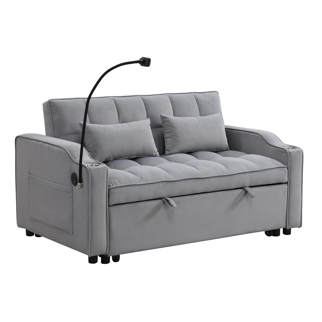 KEIKI 3 in 1 Convertible Sleeper Sofa Bed, Velvet Loveseat Futon Couch with Pullout Bed & Adjustable Backrest, USB Ports & Phone Holder, Small Lounge Sofa for Living Room Apartment, Light Grey