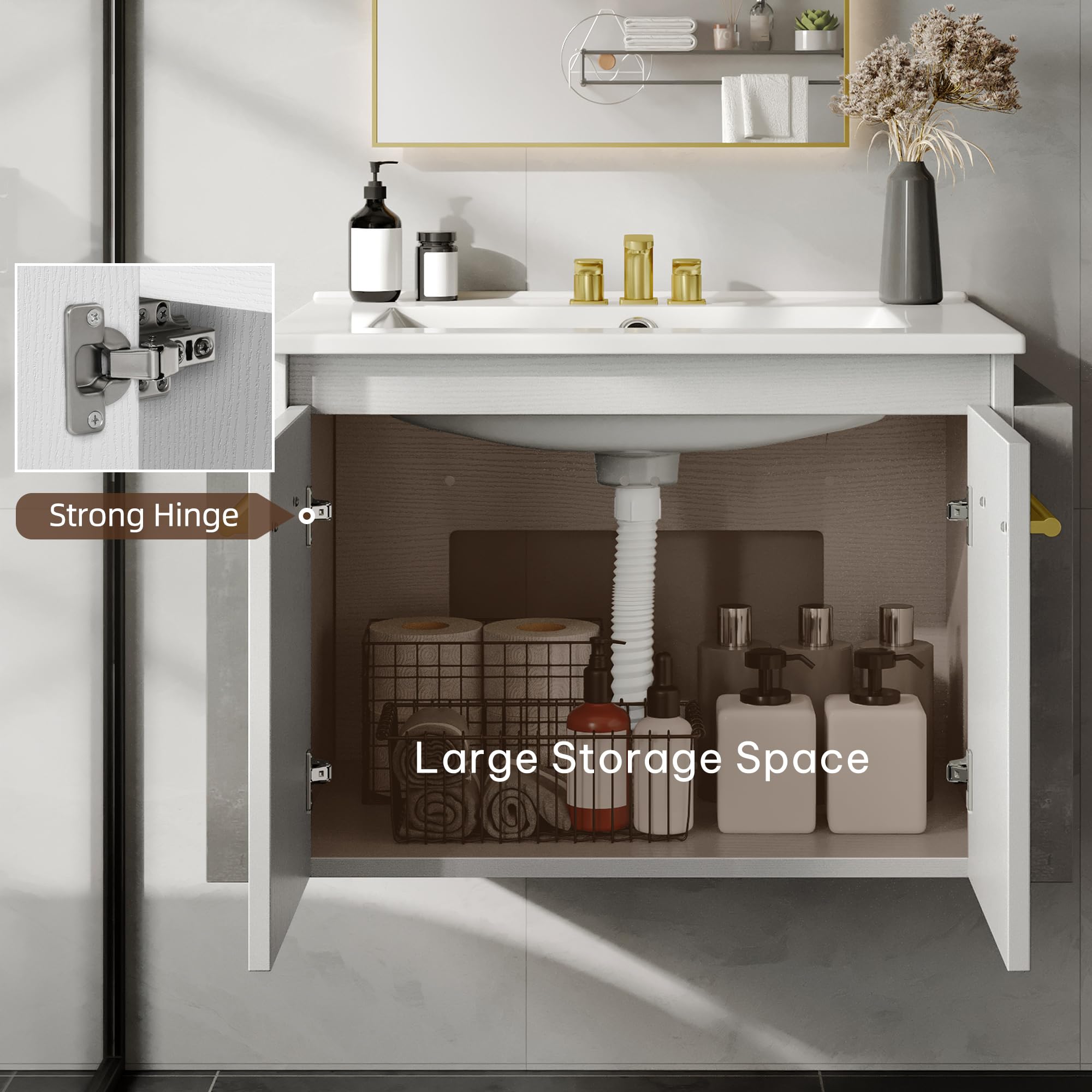 YITAHOME Bathroom Vanity 24 Inch White Soft-Closing Double Extra Large Doors Bathroom Floating Modern Vanity