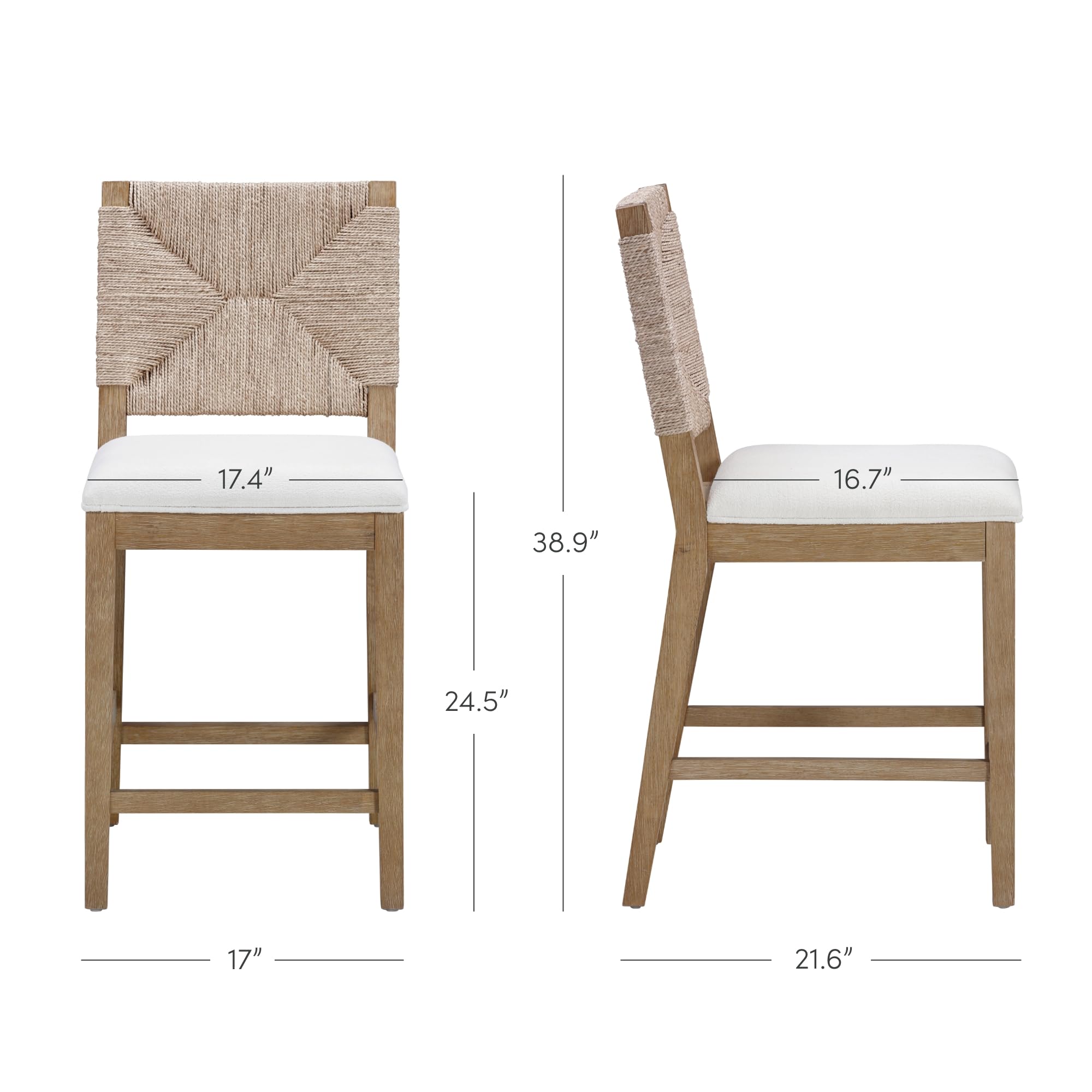 Nathan James Beacon Bohemian Boucle Bar Stool, Upholstered Counter Height Chair with Solid Wood Frame and Woven Seagrass Back for Kitchen Island, Light Brown/Seagrass/Cream Boucle