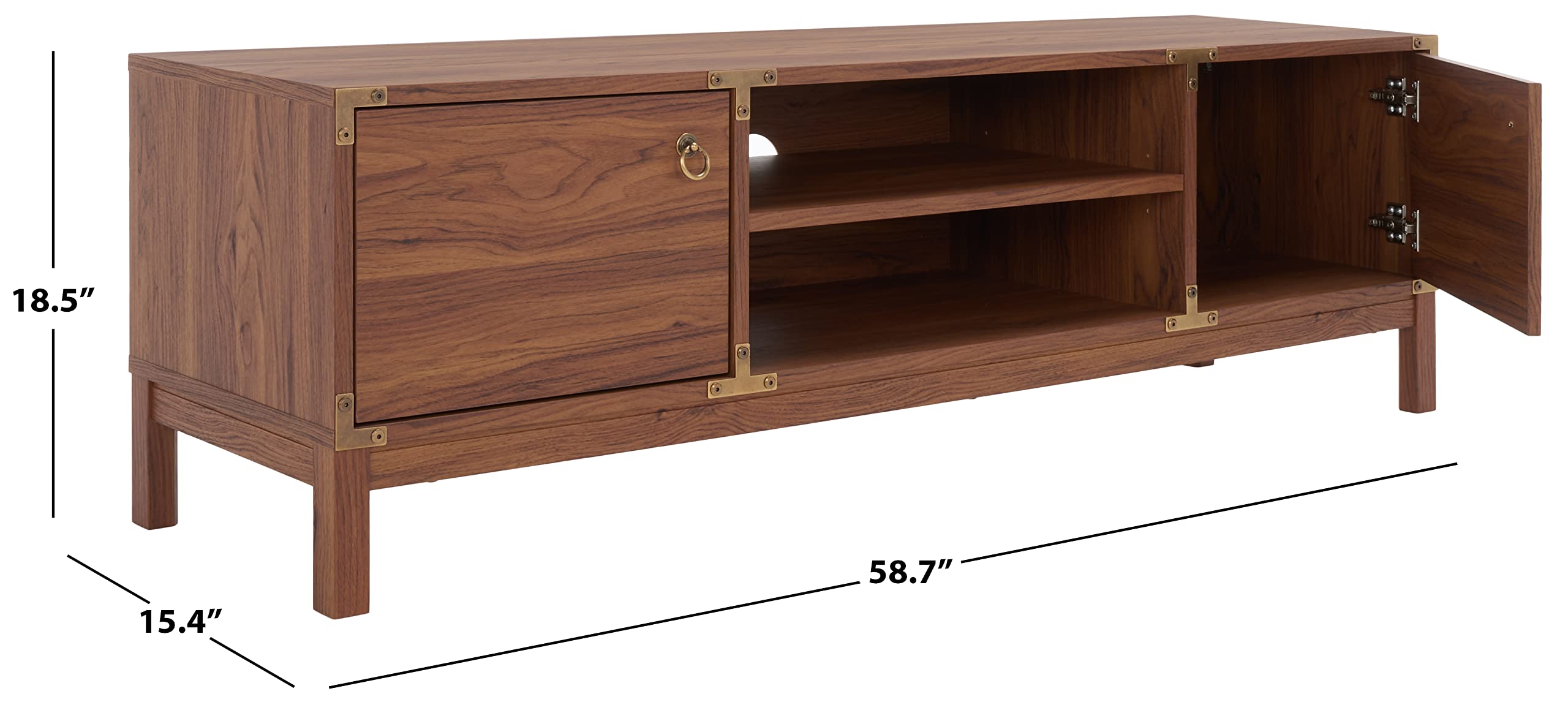SAFAVIEH Galio TV Stand for up to 65" Flatscreen – Walnut & Gold, 2 Doors with Interior Storage, 2 Open Shelves, Entertainment Media Console (MED9612A)
