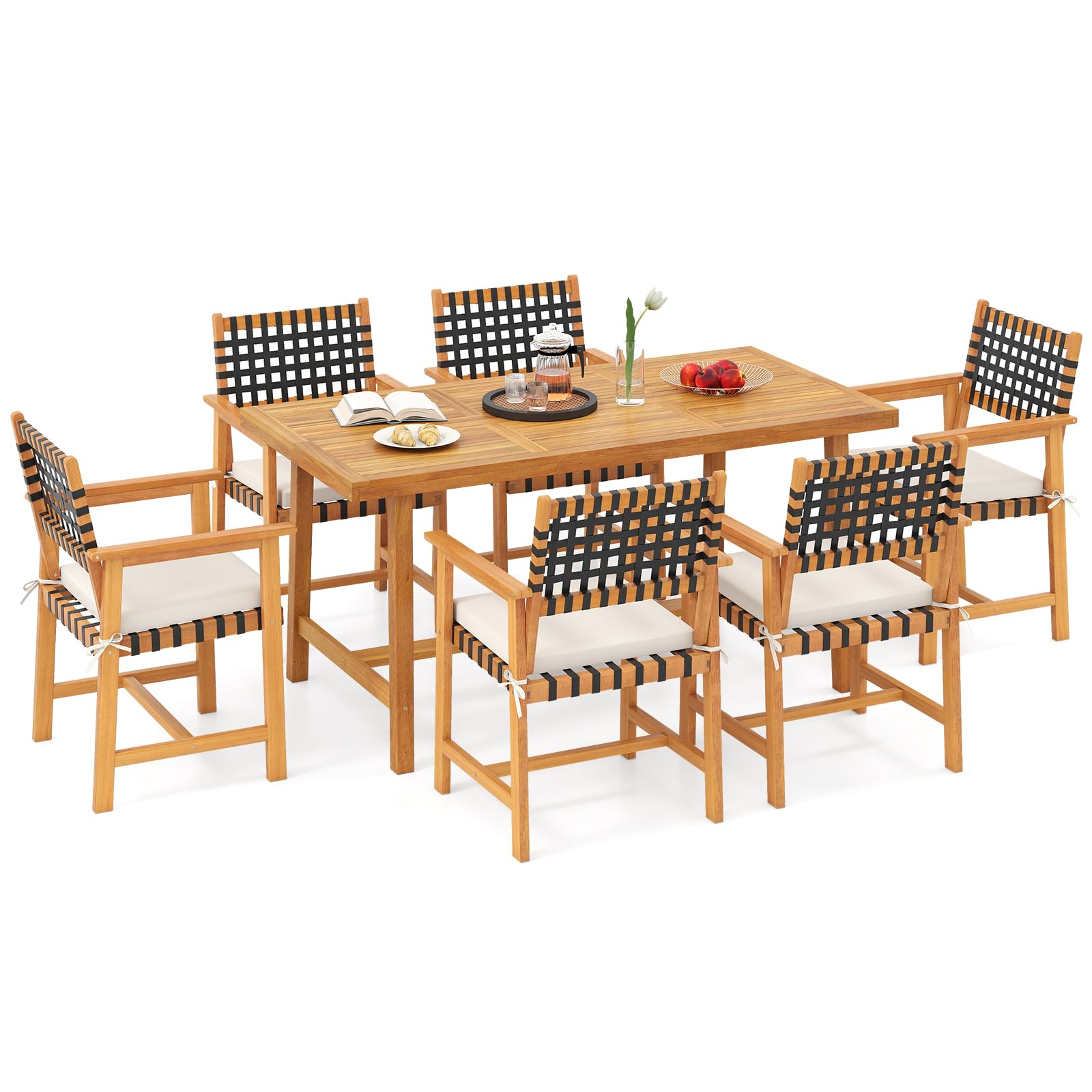 Tangkula 7 Piece Patio Dining Set for 6 People, 63” Outdoor Rectangular Acacia Wood Table with 1.97” Umbrella Hole & 6 Armchairs with Padded Seat Cushions, for Deck Yard and Poolside