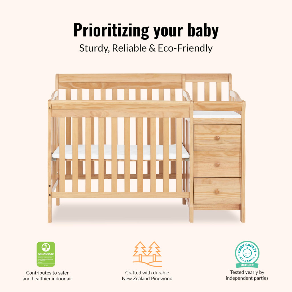 Dream On Me Jayden 4‑in‑1 Mini Convertible Baby Crib & Changer with Storage in Natural, Pinewood, GreenGuard Gold & BSA, 1” Mattress Pad, 3 Mattress Heights, Converts to Mini Day & Twin-Size Bed