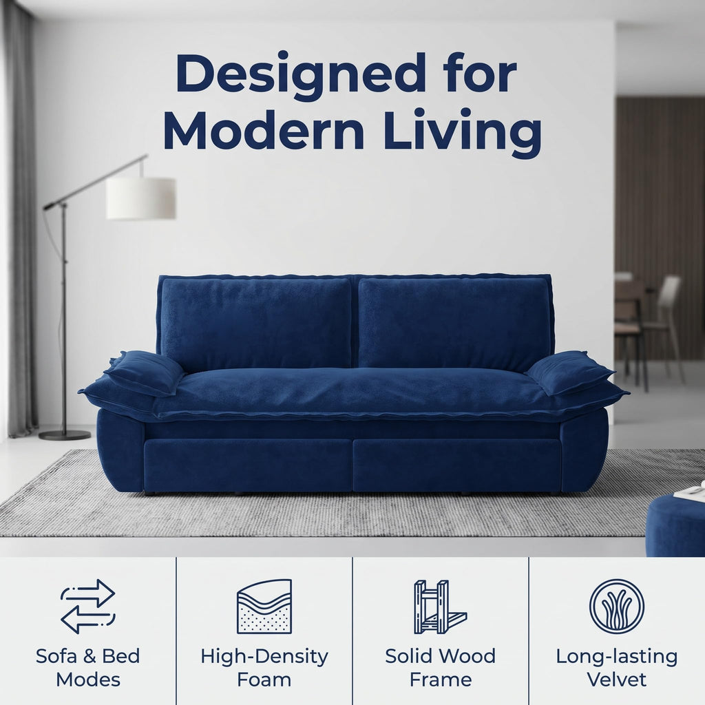 Trygoal Queen Sofa Bed, 3-in-1 Convertible Pull Out Couch, Velvet Couch with Pull Out Bed, Couch that Turns into Bed, Sleeper Sofa Bed for Living Room, Apartment, Small Space, Blue