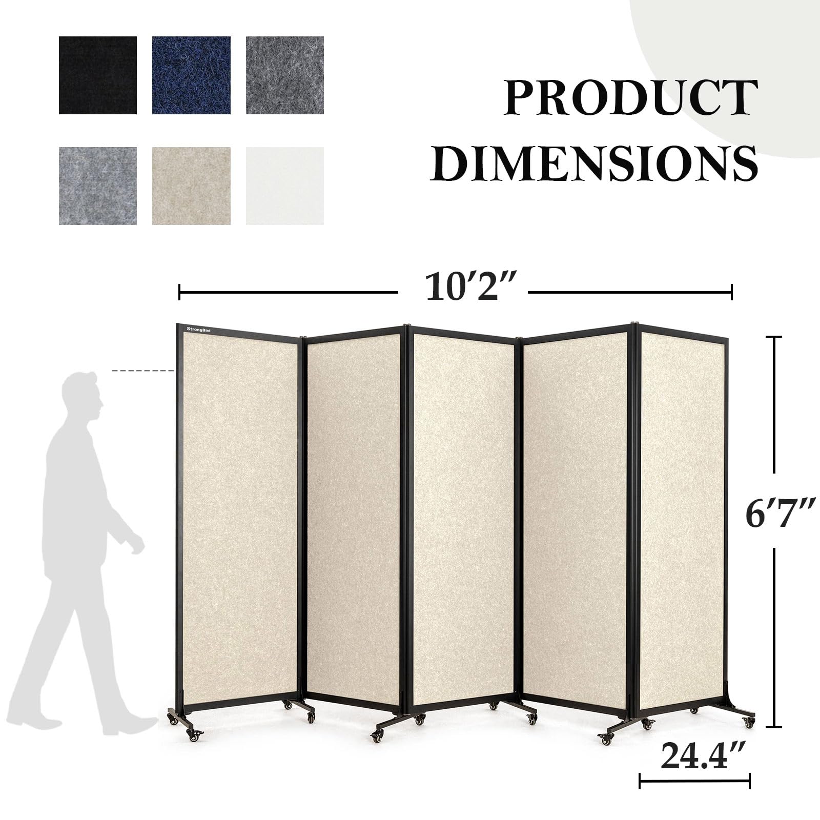 Upgrade Version Room Partition and Divider, Freestanding Rolling Dividers with Wheels,Office Privacy Screen Divider Wall,Classroom Felt Dividers,10'6"L* 6'7"H,5 Panel,Beige