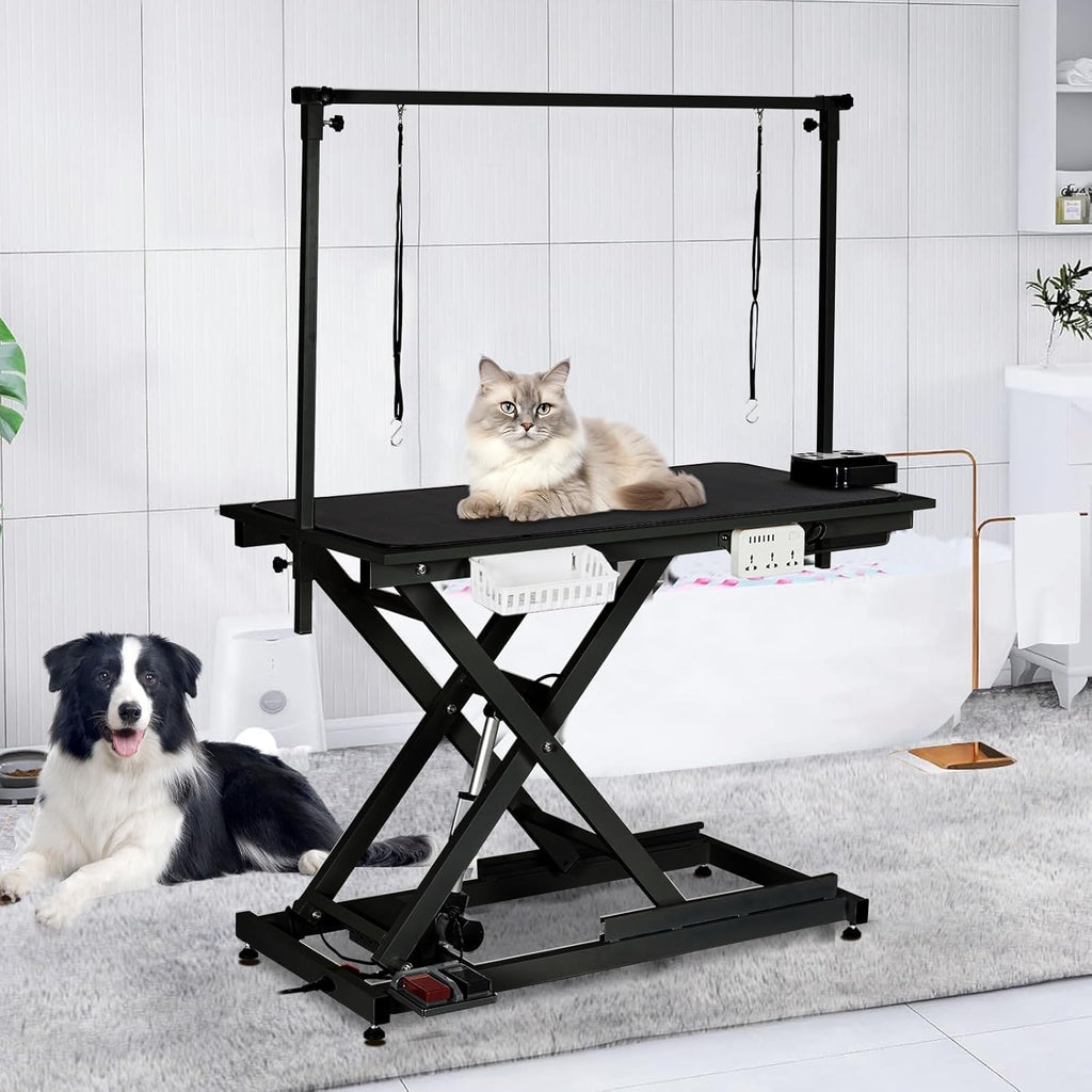 ExploreHorizon 50" Heavy Duty Dog Grooming Table with Aluminium Overhead Arm,Electric Hydraulic Grooming Table with 6 USB Ports for Large Dogs 300 LBS Foot Control