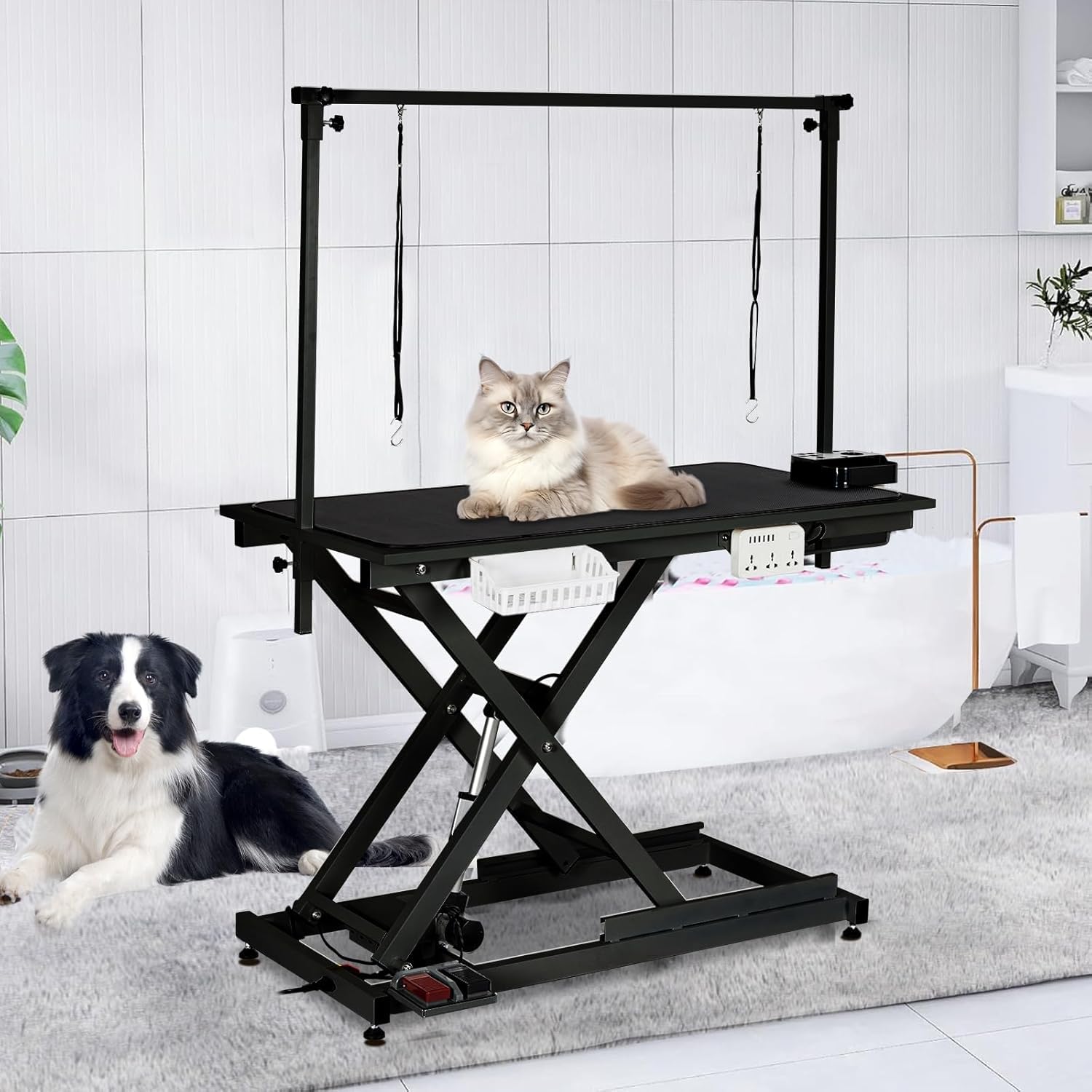 ExploreHorizon 50" Heavy Duty Dog Grooming Table with Aluminium Overhead Arm,Electric Hydraulic Grooming Table with 6 USB Ports for Large Dogs 300 LBS Foot Control