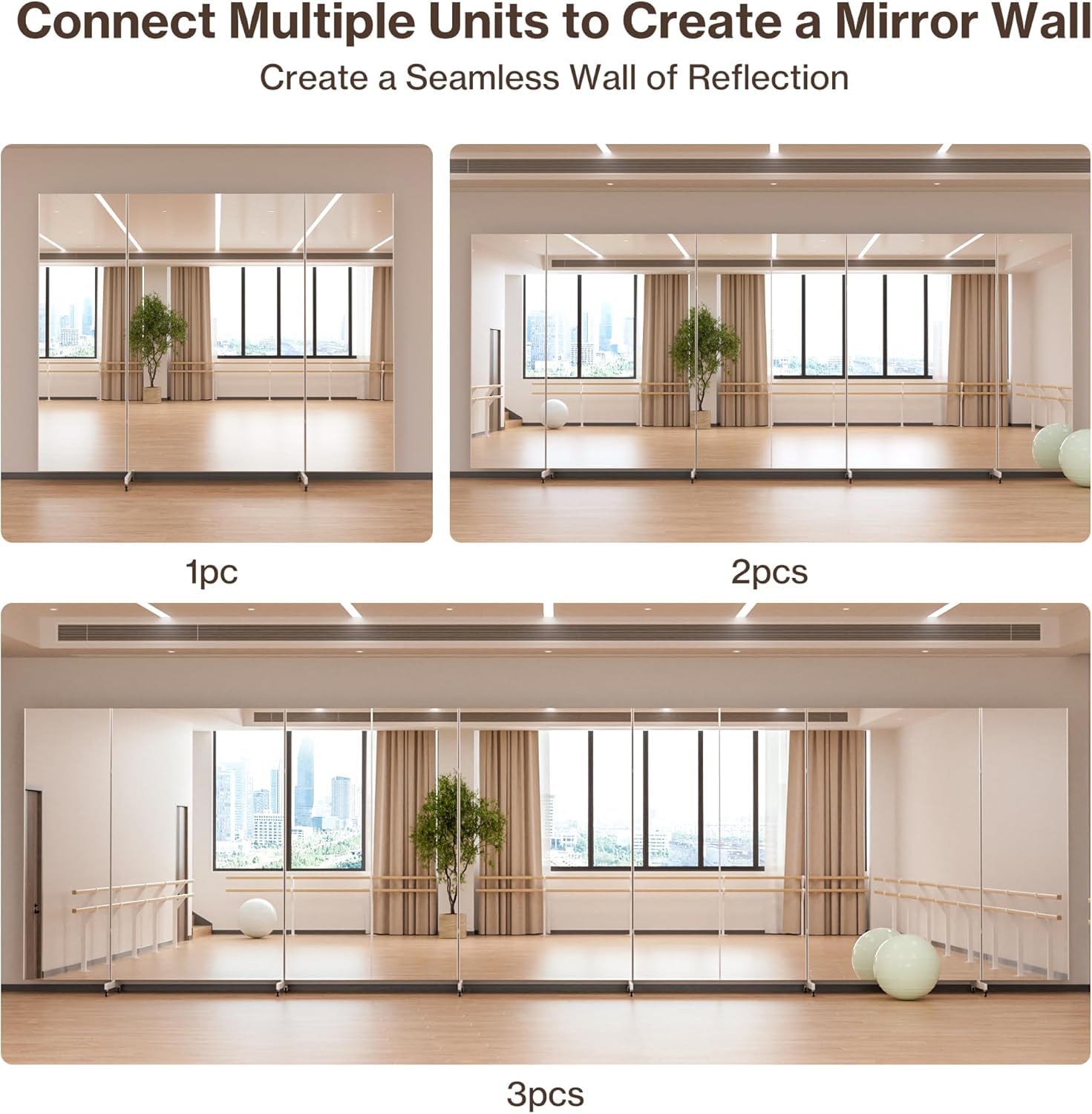 brisafe Full Length Stand Up Mirror on Wheels,75''L×95''W,Large Tri-Fold Floor Mirror with Stand,Movable 3-Way Full Length Standing Mirror for Gym, Dance Studio, Fitness Room, and Home (Silver)