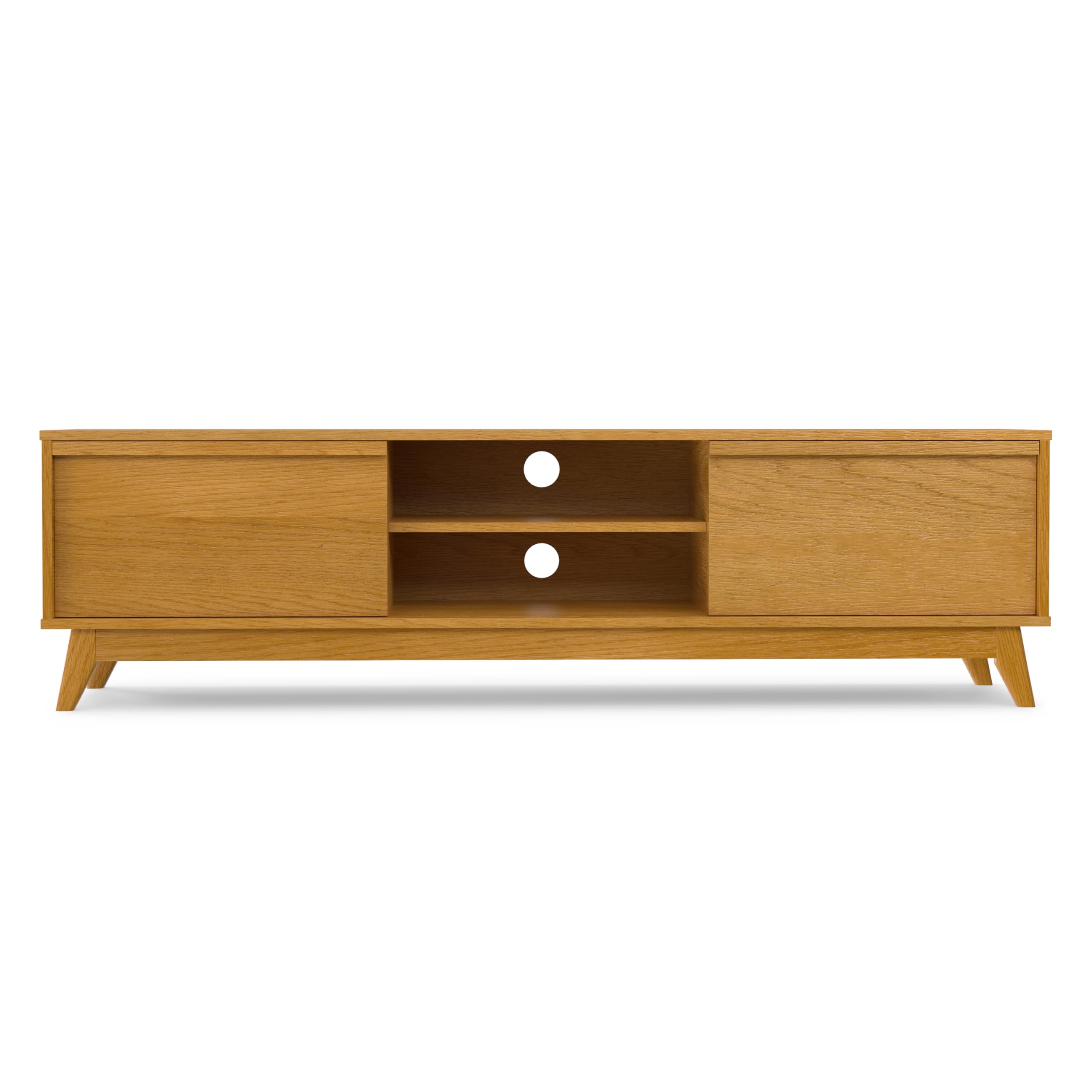 SIMPLIHOME Lennon TV Stand - 72 inch Wide Solid Wood Low Media Console in Oak Veneer, Mid Century Modern Entertainment Center for Living Room for TVs up to 80 Inches with Shelves and Cable Management