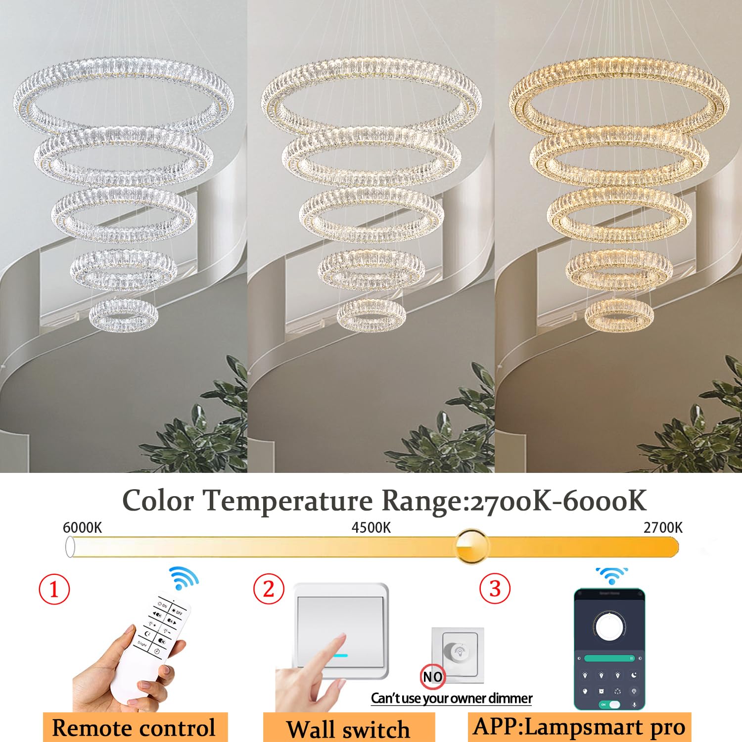 IDEQUY Large Gold Ring Chandelier for High Ceiling Modern Long Crystal Chandelier Lighting, Dimmable LED Ceiling Chandeliers,5 Ring D8‘’+15.7‘’+23.6‘’+31.5‘’+39.4''