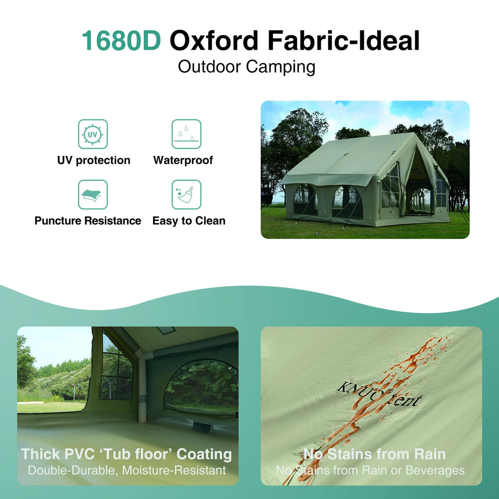 KNUO 2026 Upgraded Waterproof Inflatable Camping Tent for 5-8 People, Large Blow-Up Air Tent, No Assembly Needed Luxury Glamping House, 10x10ft Oxford Fabric,Green