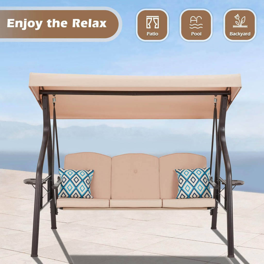 ZZW 3-Seat Outdoor Porch Swing with Stand, Patio Swing with Canopy, 2 in 1 Porch Swing Bed & Patio Swing Chair for Adult, w/Extra Pillows and Cup Holder for Yard