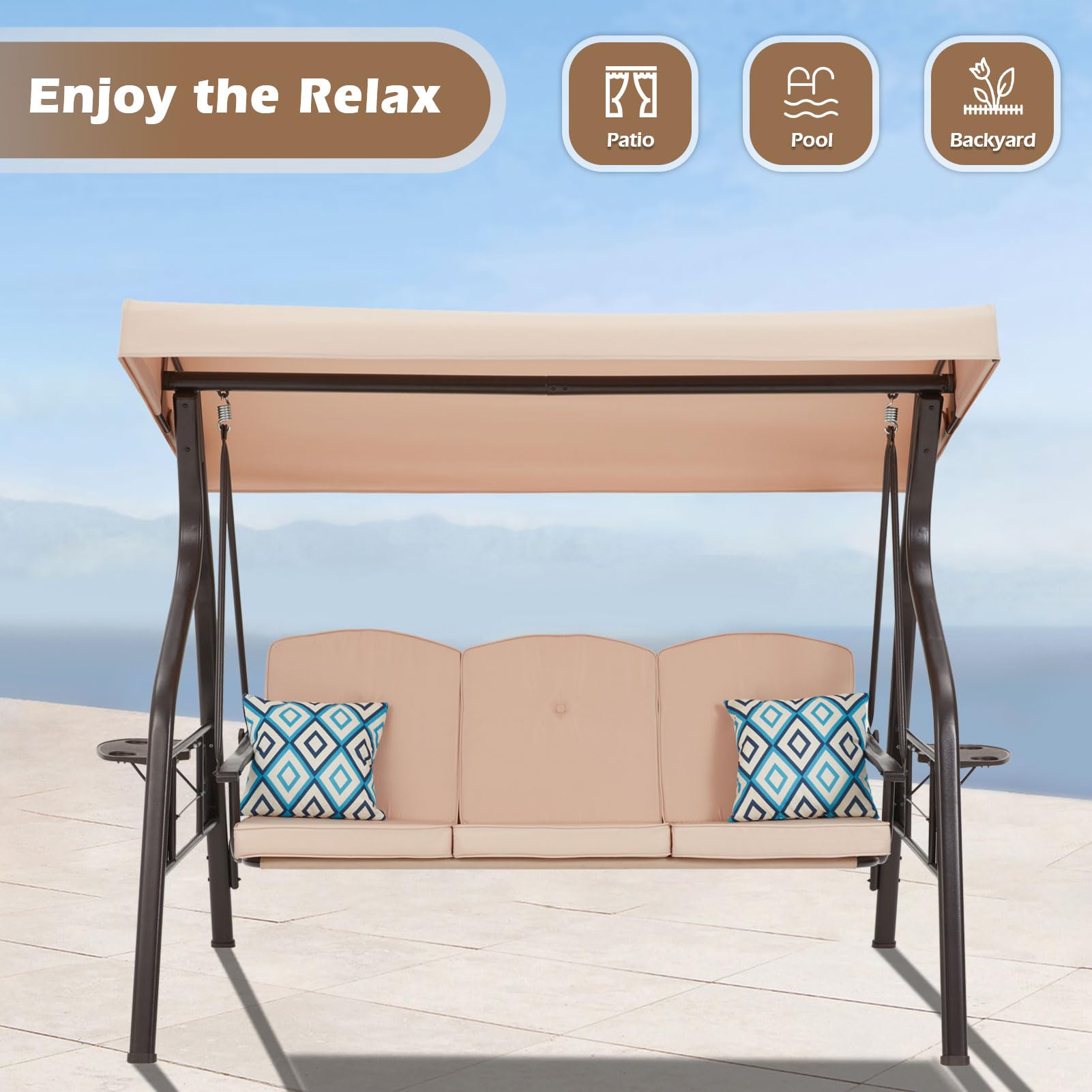ZZW 3-Seat Outdoor Porch Swing with Stand, Patio Swing with Canopy, 2 in 1 Porch Swing Bed & Patio Swing Chair for Adult, w/Extra Pillows and Cup Holder for Yard