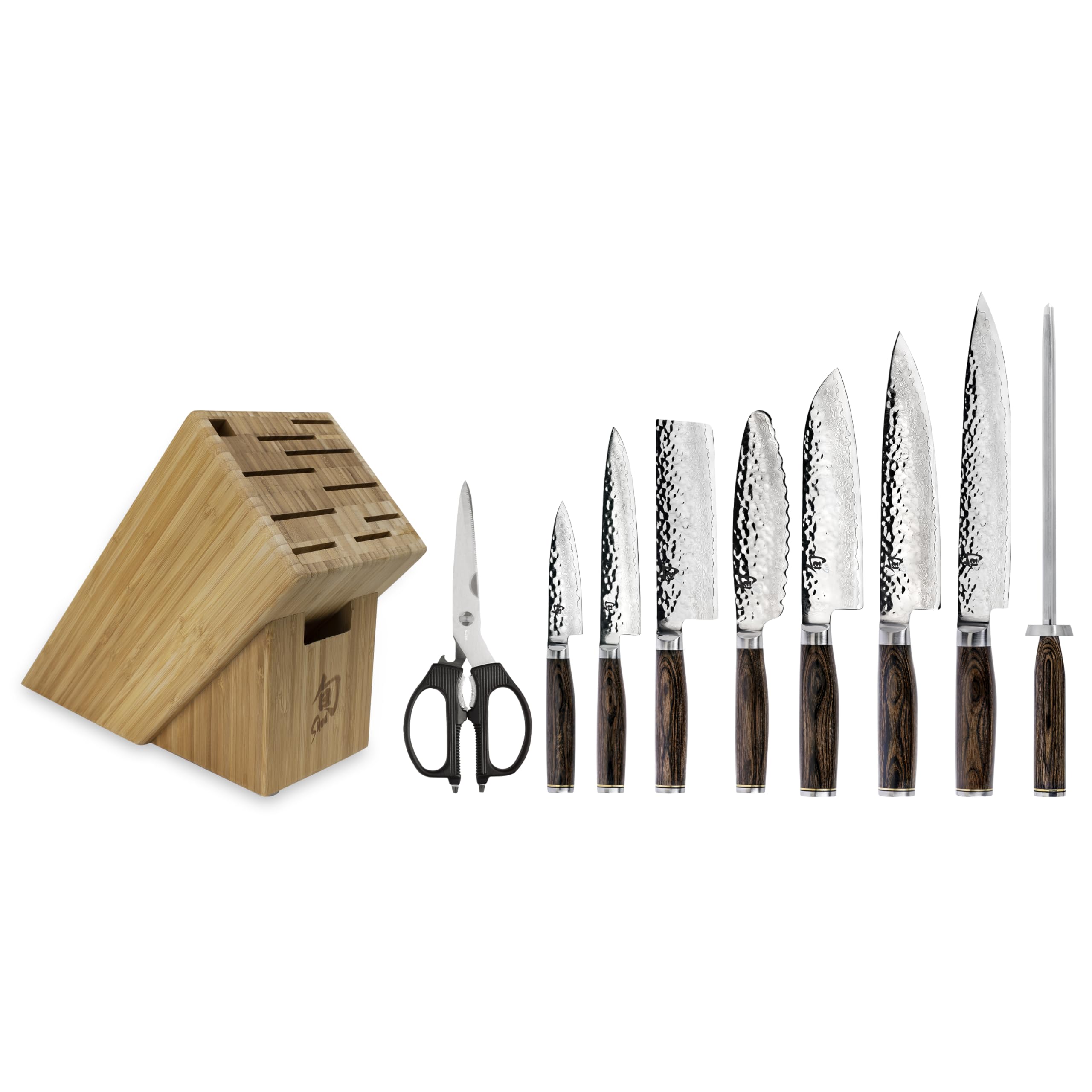 Shun Premier 10 Piece Block Set, Includes 8" Chef, 4" Paring, 5.5" Nakiri, 7” Santoku Knife, Honing Steel & More, Handcrafted Japanese Knife Set, Damascus Stainless Steel Cladding, Pakkawood Handles