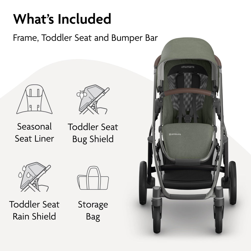 UPPAbaby Vista V3 Full-Size Single-to-Double Stroller System, Toddler Seat, Bug & Rain Shields, Storage Bag Included, Evelyn (Meadow Green/Graphite Frame/Chestnut Leather)