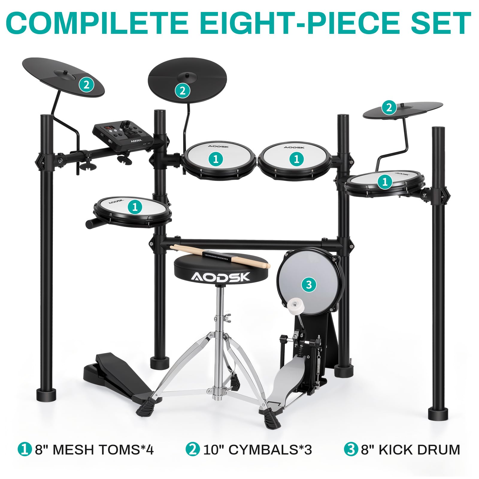 AODSK Electric Drum Set with Quiet Mesh Pads,Electronic Drum for Beginner,USB MIDI,Throne,Headphones,Sticks, Included 40 Kits and 450 Sounds