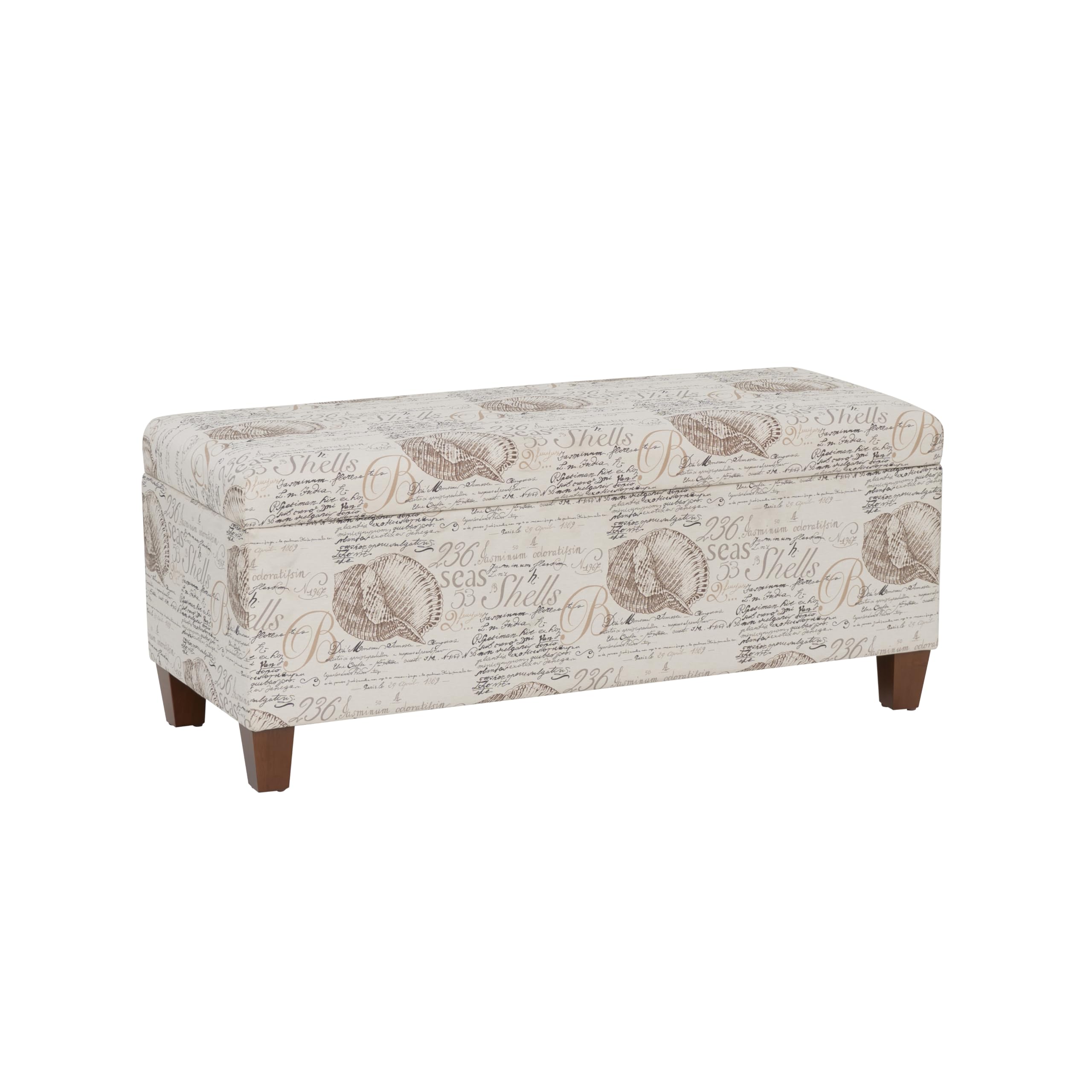 Linon Carmen Ivory and Beige Seashell Upholstered Lift Top Storage Ottoman with Wooden Feet