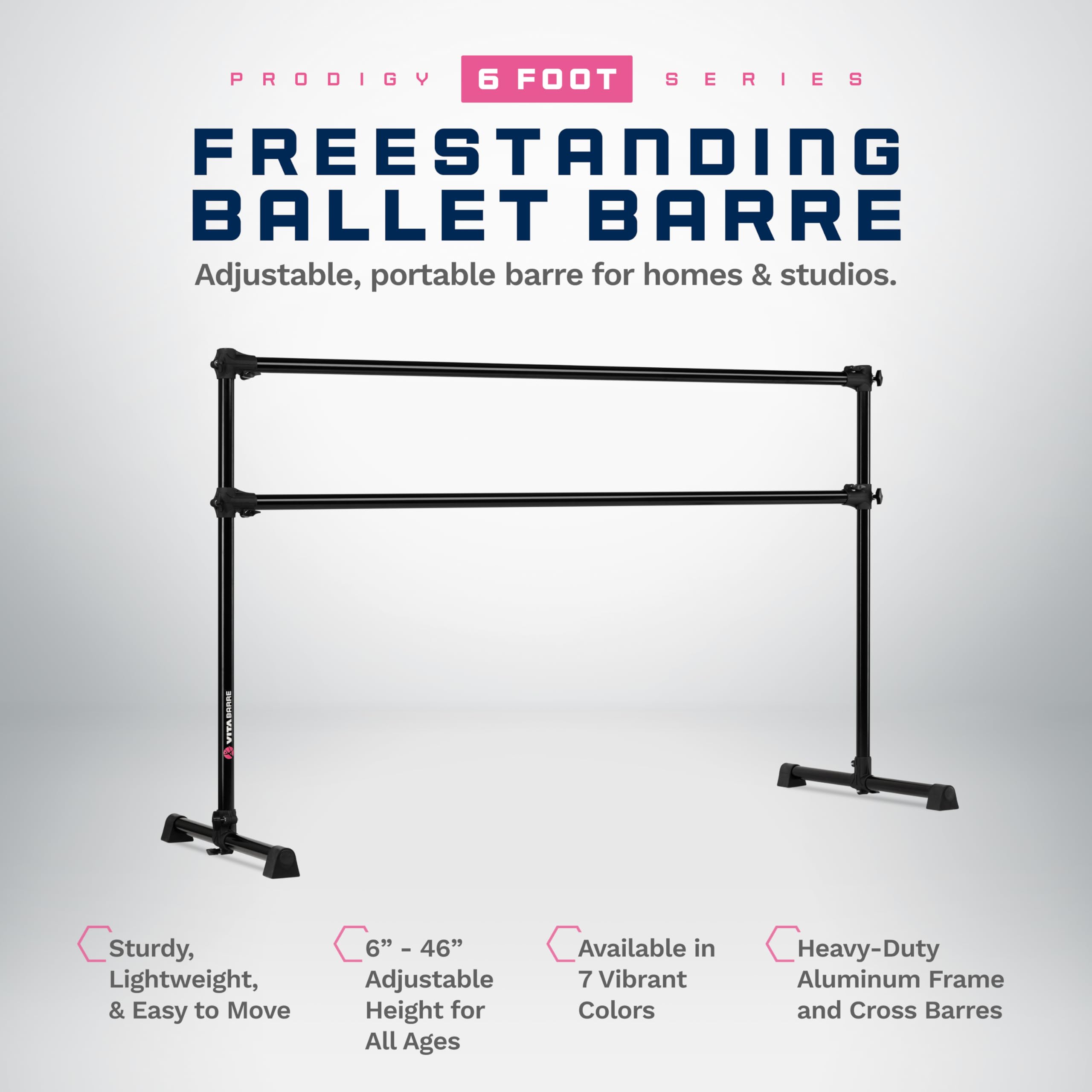 VITA Barre Portable Freestanding Double Ballet Barre, Prodigy, 6 Ft Bars, Black | Adjustable Height, USA Made, Home or Gym Exercise Equipment for Kids & Adults | Dance, Fitness, Pilates