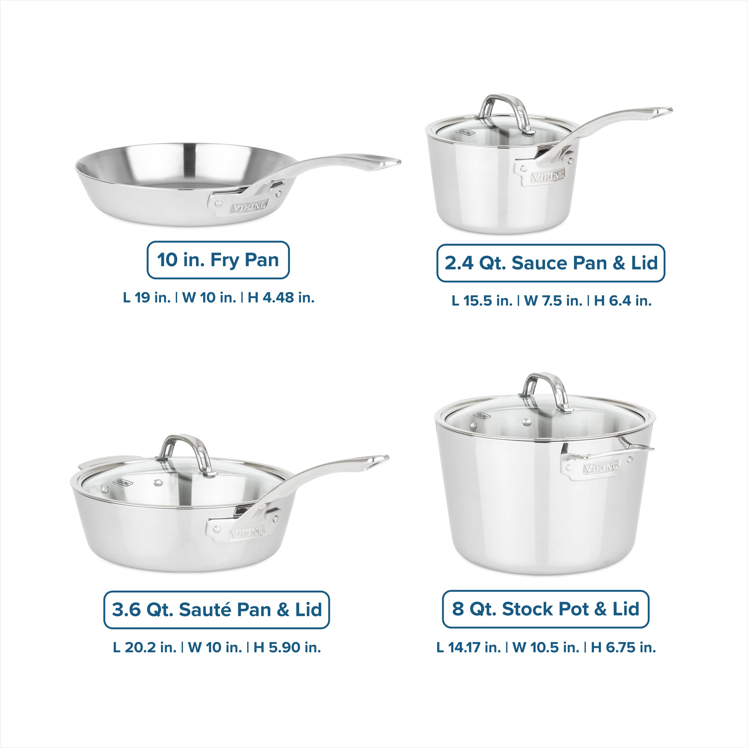 Viking Contemporary 3-Ply Pots and Pans Set, 7 Piece Stainless Steel Kitchen Cookware, Silver
