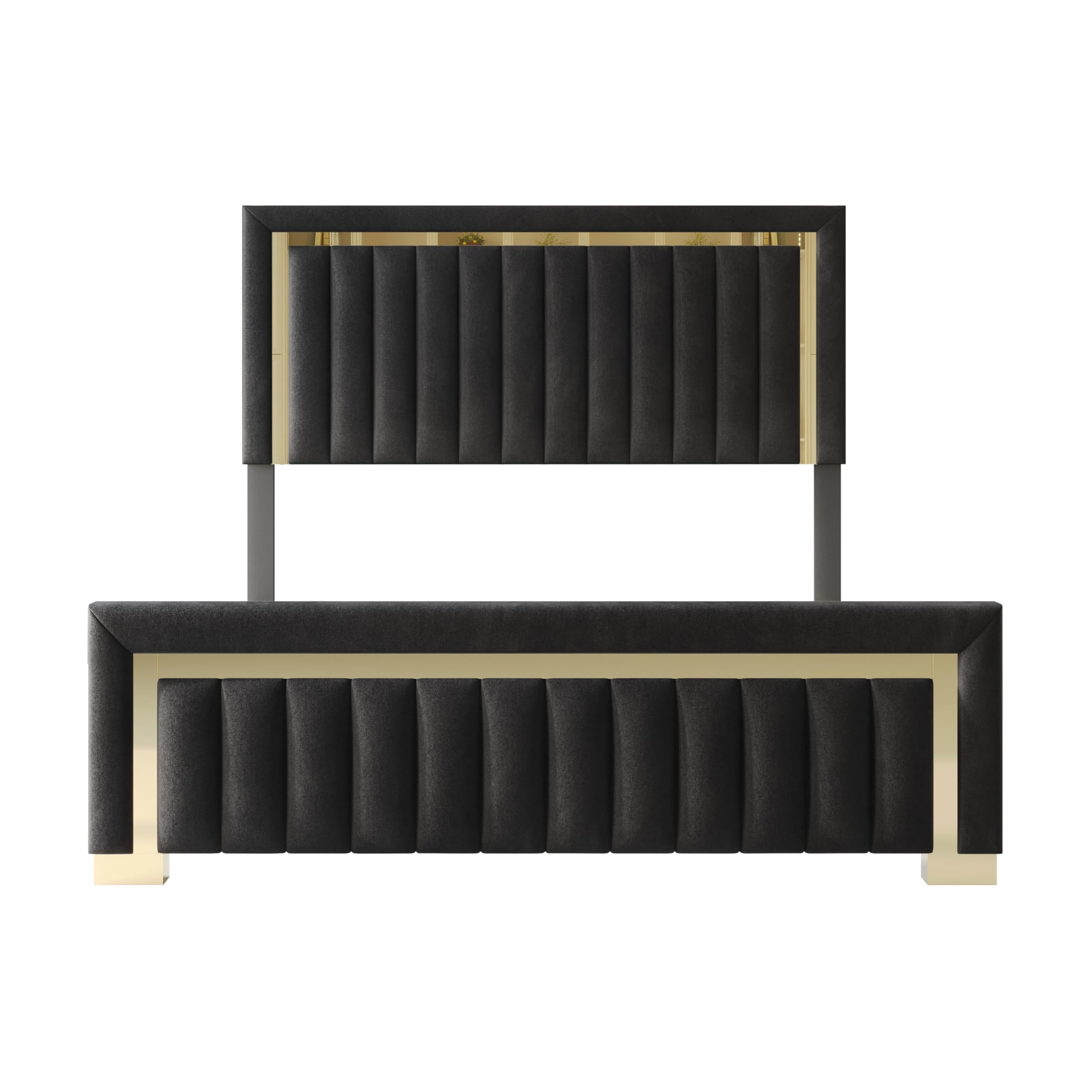 HOME DESIGN Olathe King Size Upholstered Panel Bed Frame, Vertical Channel Tufted Headboard with Gold Metal Accent, Velvet Fabric, Platform Design, Box Spring Required, Black