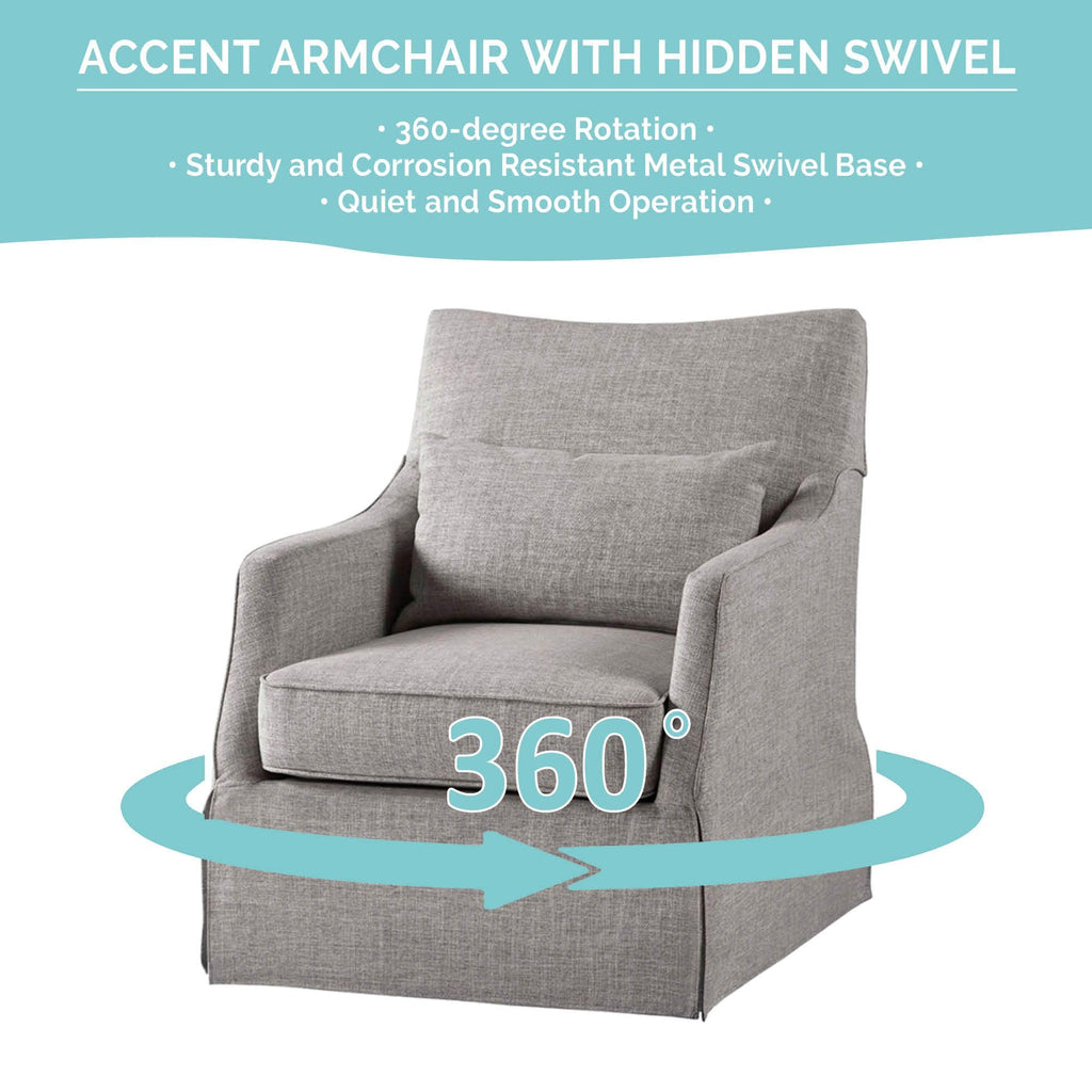 Martha Stewart London Swivel Chair - Solid Wood & Plywood, Skirted Metal Base Accent Armchair, Lumbar Pillow -Modern Classic Family Room Sofa Furniture Bedroom Lounge, 28"X31.5"X35.25", Grey