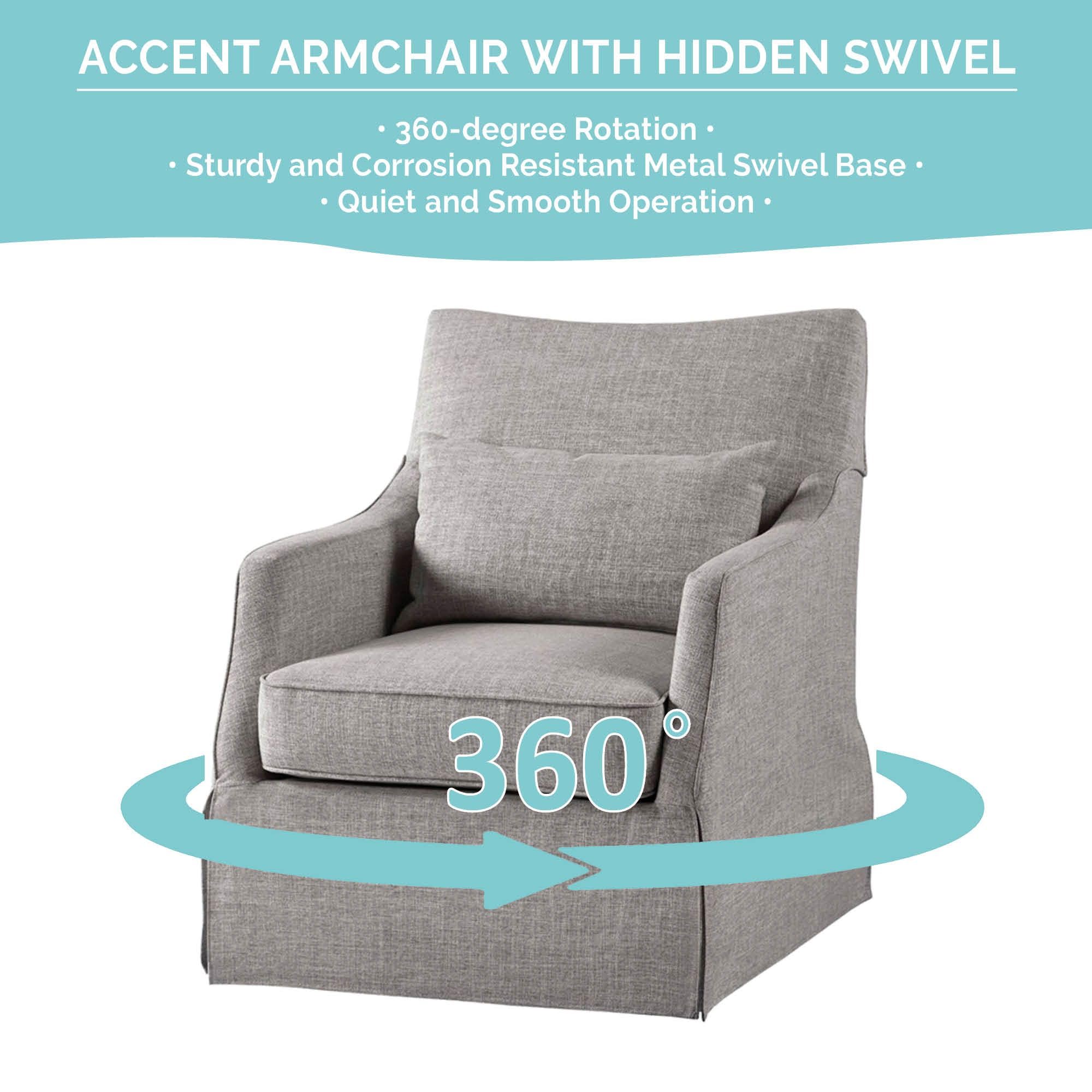 Martha Stewart London Swivel Chair - Solid Wood & Plywood, Skirted Metal Base Accent Armchair, Lumbar Pillow -Modern Classic Family Room Sofa Furniture Bedroom Lounge, 28"X31.5"X35.25", Grey