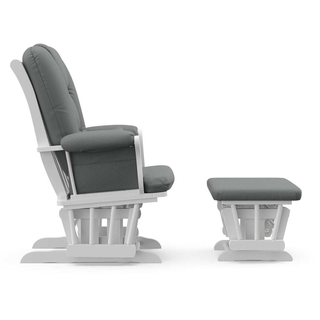 Storkcraft Tuscany Custom Glider and Ottoman with Free Lumbar Pillow (White/Grey) - Cleanable Upholstered Comfort Rocking Nursery Chair with Ottoman