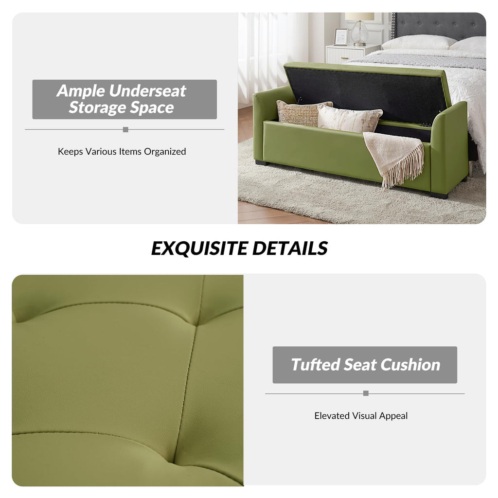 The support you need 58" Faux Leather End of Bed Storage Bench with Flared Arms & Tufted Seating, Large Elegant Transitional Upholstered Bedroom Benches, Flip Top Entryway Ottoman Footrest, Moss