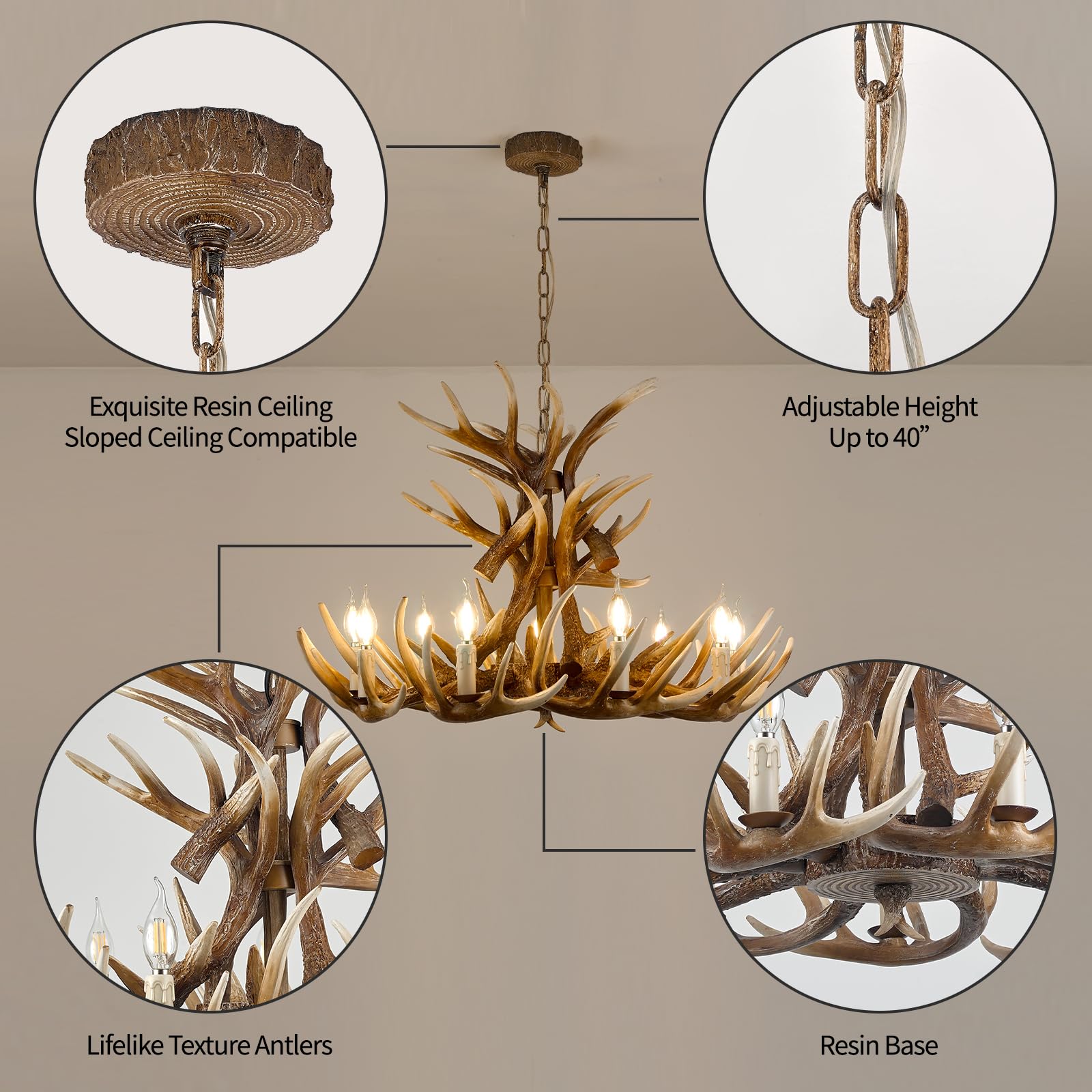 Fayelight Deer Antler Chandelier Lighting,Large Deer Rustic Farmhouse Chandelier Light Fixtures for Dining Room Living Room Kitchen Island Bedroom Entryway Foyer (9 Lamp Arms + 6 Arms)