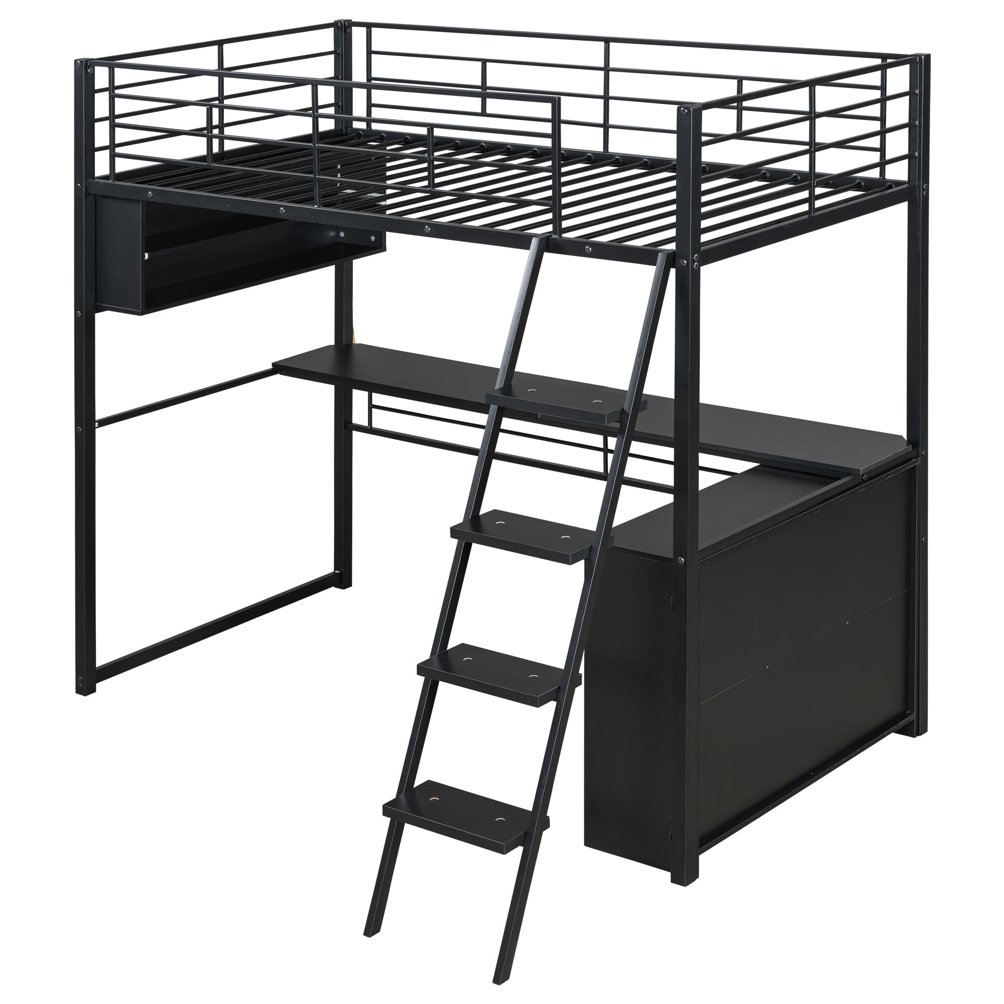 Merax Twin Size Metal Loft Bed with LED, Desk, 4 Storage Shelves, Full-Length Guardrails and Ladder for Kids Teens Adults, Black