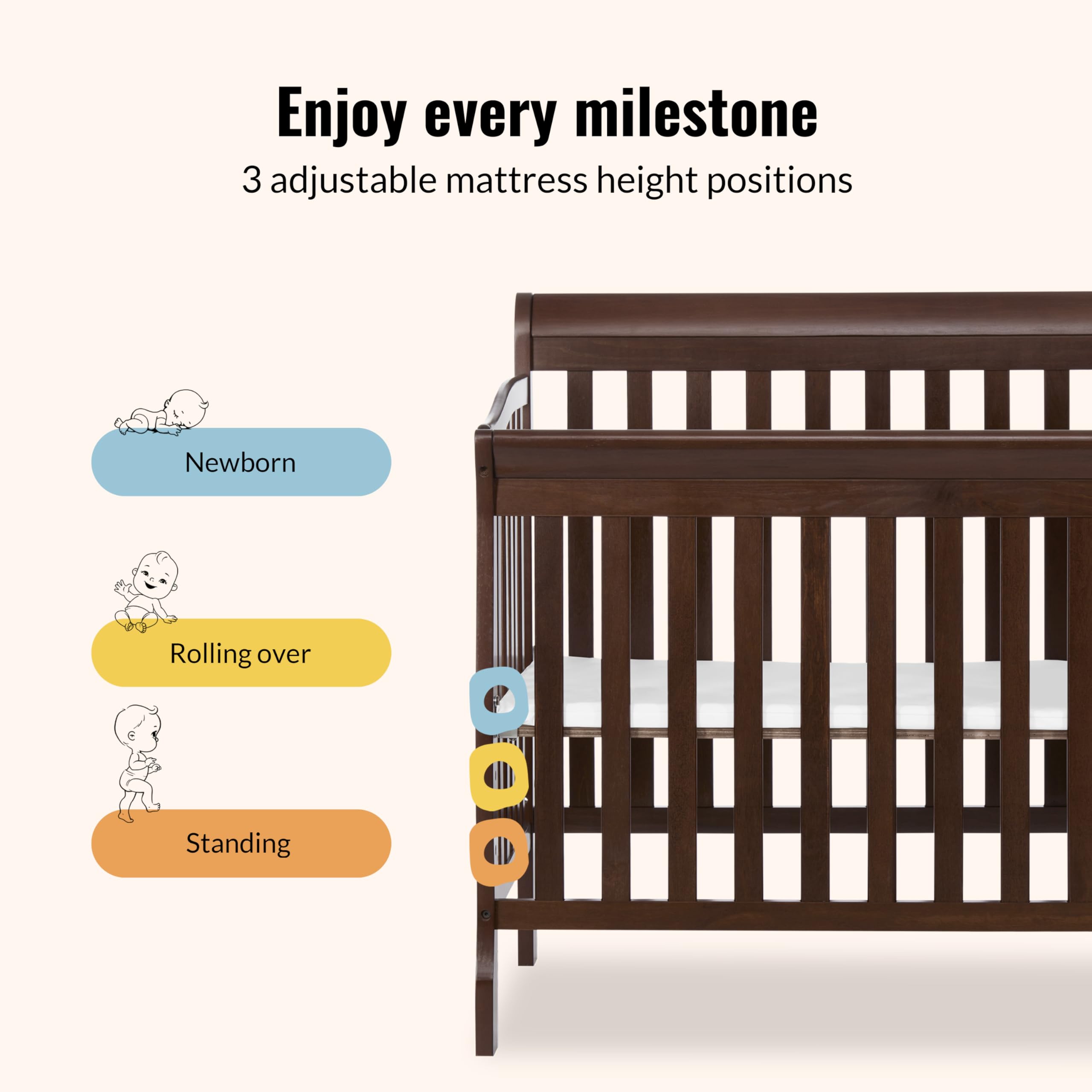 Dream On Me Jayden 4‑in‑1 Mini Convertible Baby Crib & Changer with Storage in Espresso, Pinewood, GreenGuard Gold & BSA, 1” Mattress Pad, 3 Mattress Heights, Converts to Mini Day & Twin-Size Bed