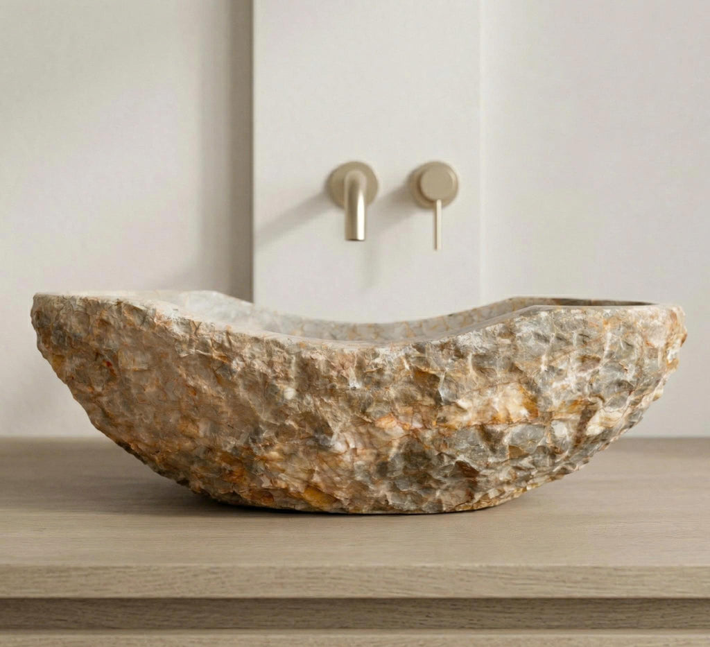 Golden Gray Marble Vessel Sink, Hand-Carved Canoe-Shaped Bathroom Sink in Solid Natural Marble, Beige with Gold & Gray Earth Tone Veins – Modern Rustic Countertop Sink