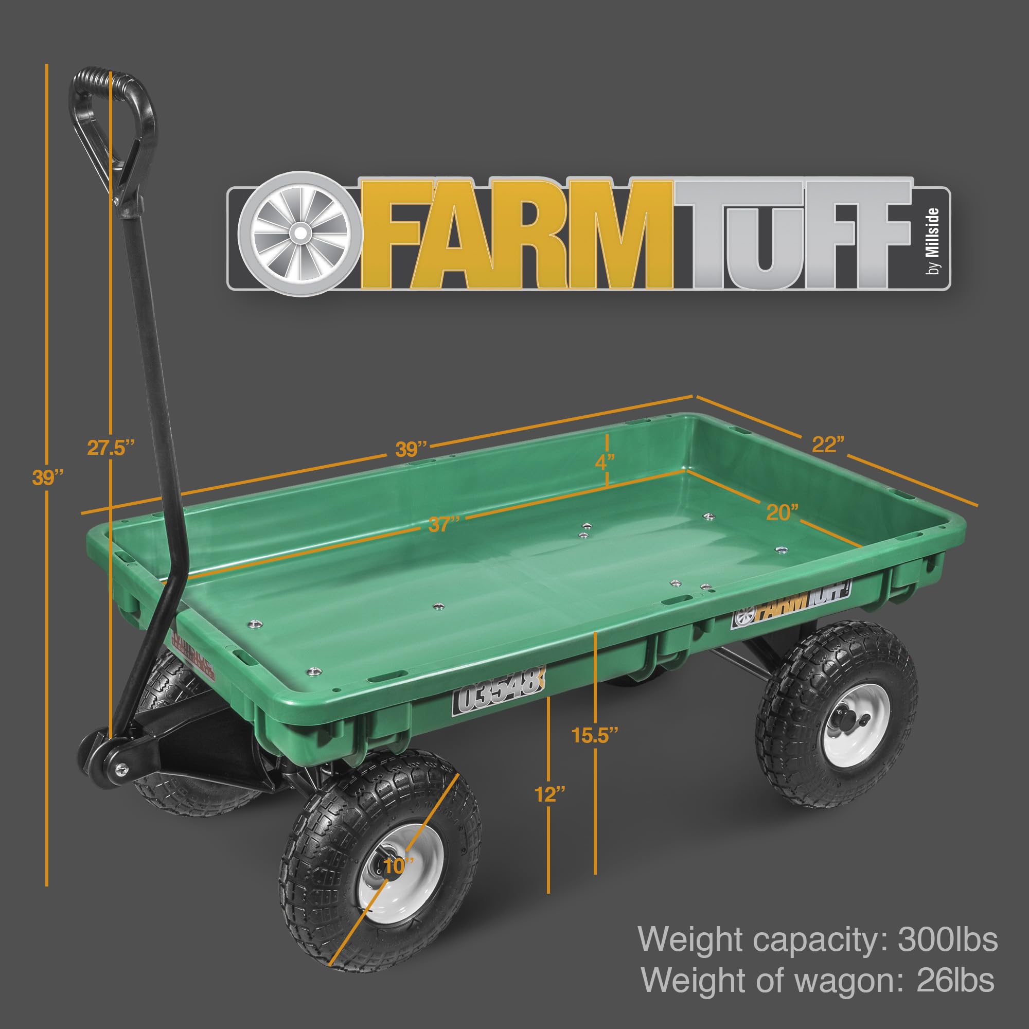 FARM-TUFF Durable Plastic Deck Green Garden Wagon, 38" x 20" - Heavy-Duty Poly Utility Cart with Flat-Free Tires, 300Lb Capacity & D-Handle Steering for Gardening, Yard Work & Landscaping