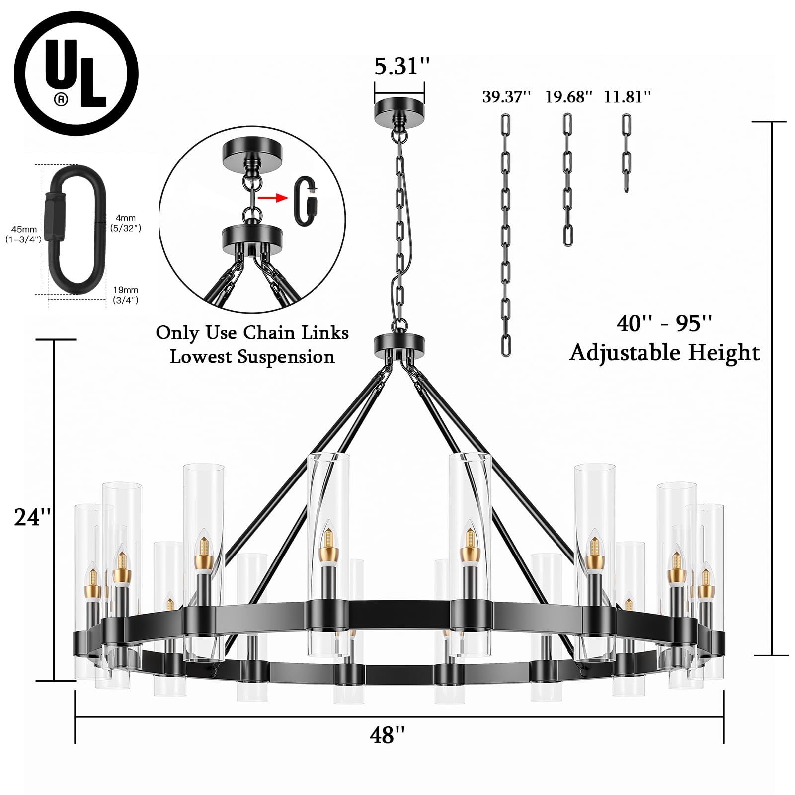AEULYTIR 48 Inch Black Wagon Wheel Chandelier with Glass Shade, 16 Lights, Modern Farmhouse Style, Ideal for Dining Room, Kitchen, Entryways