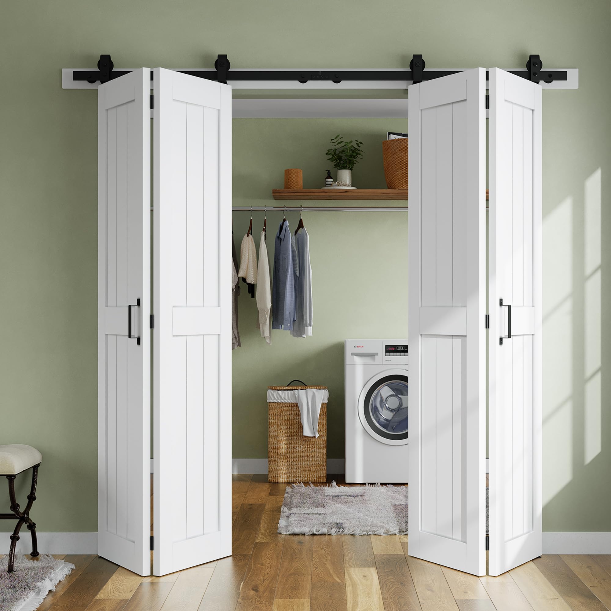 SMARTSTANDARD Bifold Barn Door 48'' x 84'',Bi-Fold Sliding Closet Doors with Hardware Kit Included,56'' Track Kit for 4 Doors,Waterproof & Quiet,Pre-Drilled Holes Easy Assembly,White
