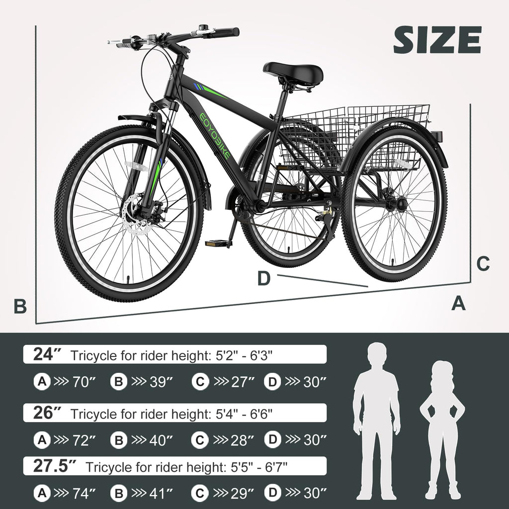 H&ZT Adult Tricycle, 3 Wheeled Bike, Trike Cruiser Bike, with 7-Speed Gear, Parking Brake Handle, Low Step, Large Rear Basket, Elderly Friendly, for Men, Women, and Teens