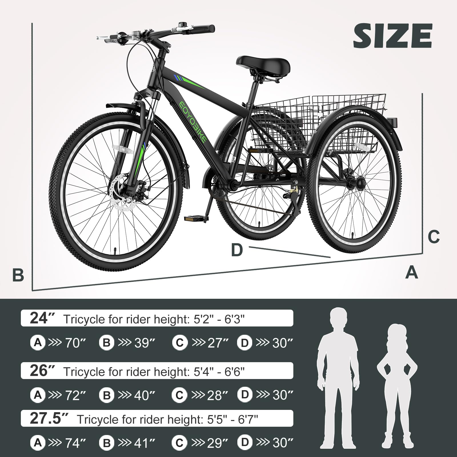 ABORON Adult Mountain Tricycle, 7-Speed 3-Wheel Mountain Bikes 24/26/27.5inch Available, Front Suspension, Disc Brake