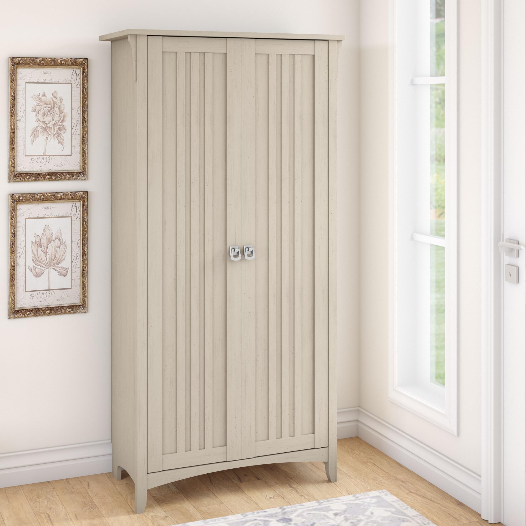Bush Furniture Salinas Tall Storage Cabinet with Doors in Antique White, Office Storage Unit, Organizer for Home or Workspace, Adjustable Shelving