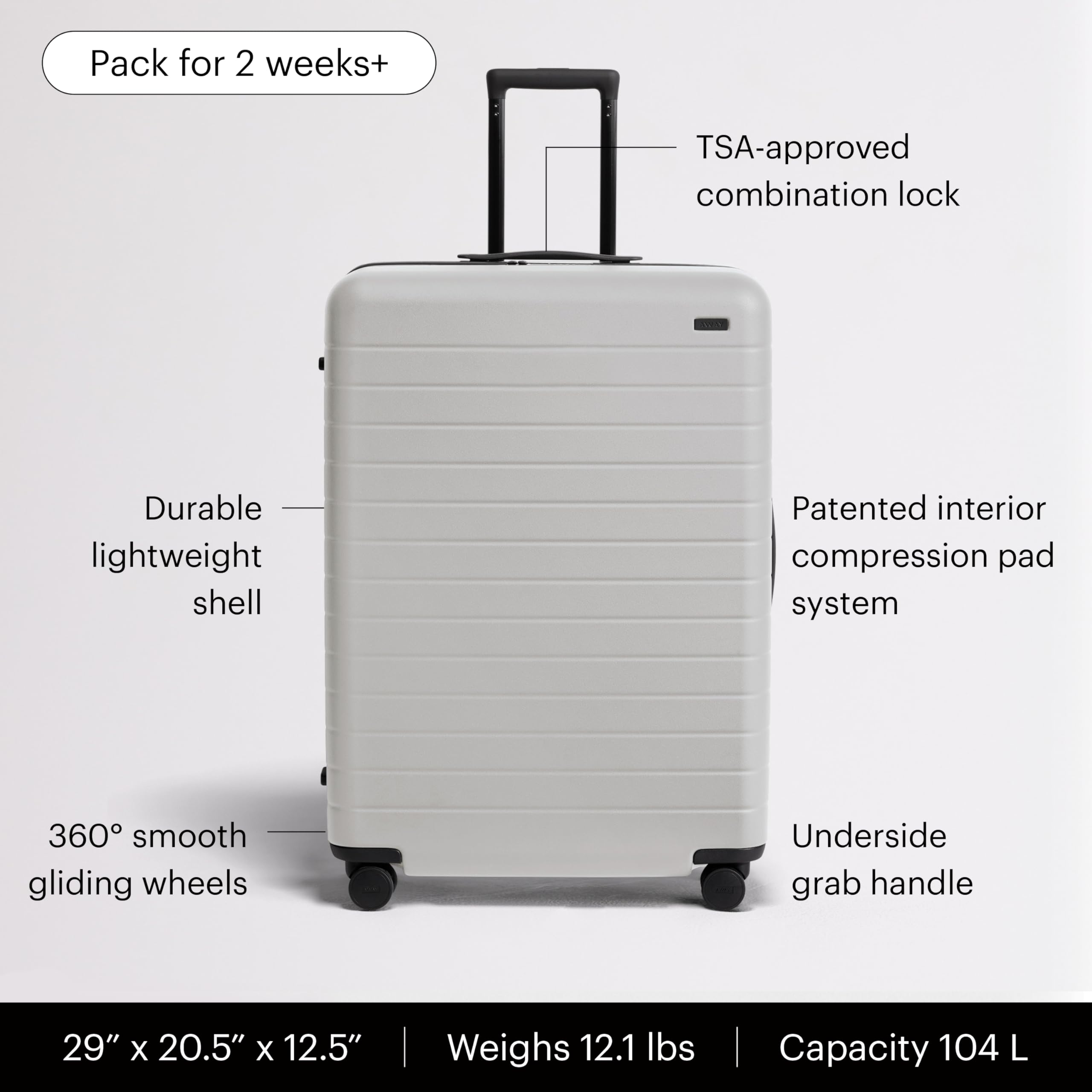 Away Large Checked Luggage - 29-Inch Lightweight Hardside Suitcase with Four WhisperGlide 360° Spinner Wheels, Interior Compression System, TSA-Accepted Lock - Cloud Gray