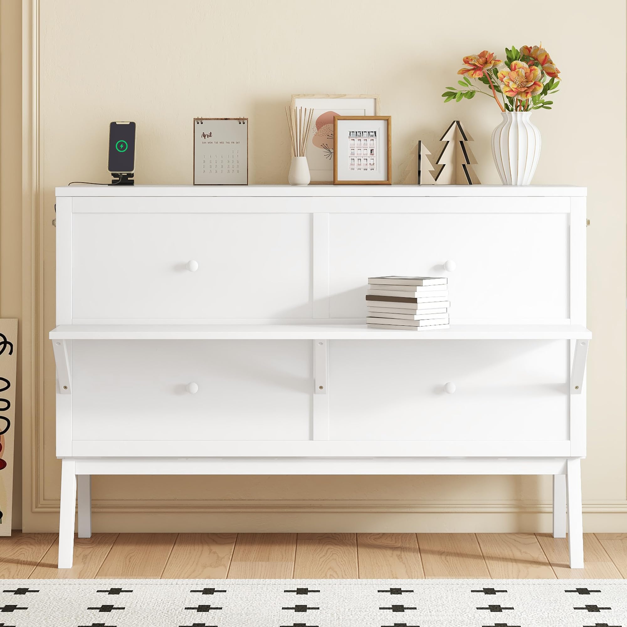 Queen Size Murphy Bed Cabinet with Charging Station,Mobile Cabinet Bed Murphy Chest Bed,Cabinet Bed Queen with Removable Shelves,Space Saving Murphy Bed for Bedroom,Guest Room,Office,White